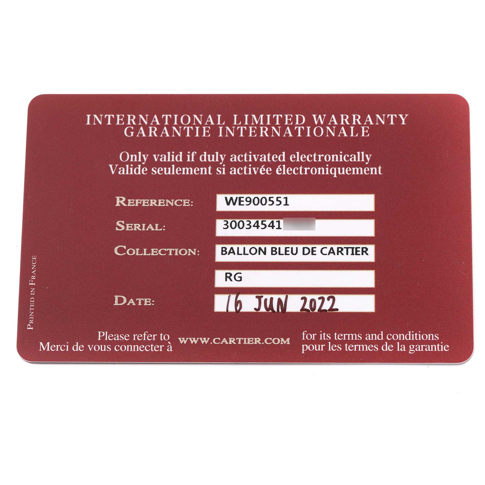 This image shows the International Limited Warranty card for the Ballon Bleu de Cartier watch model.