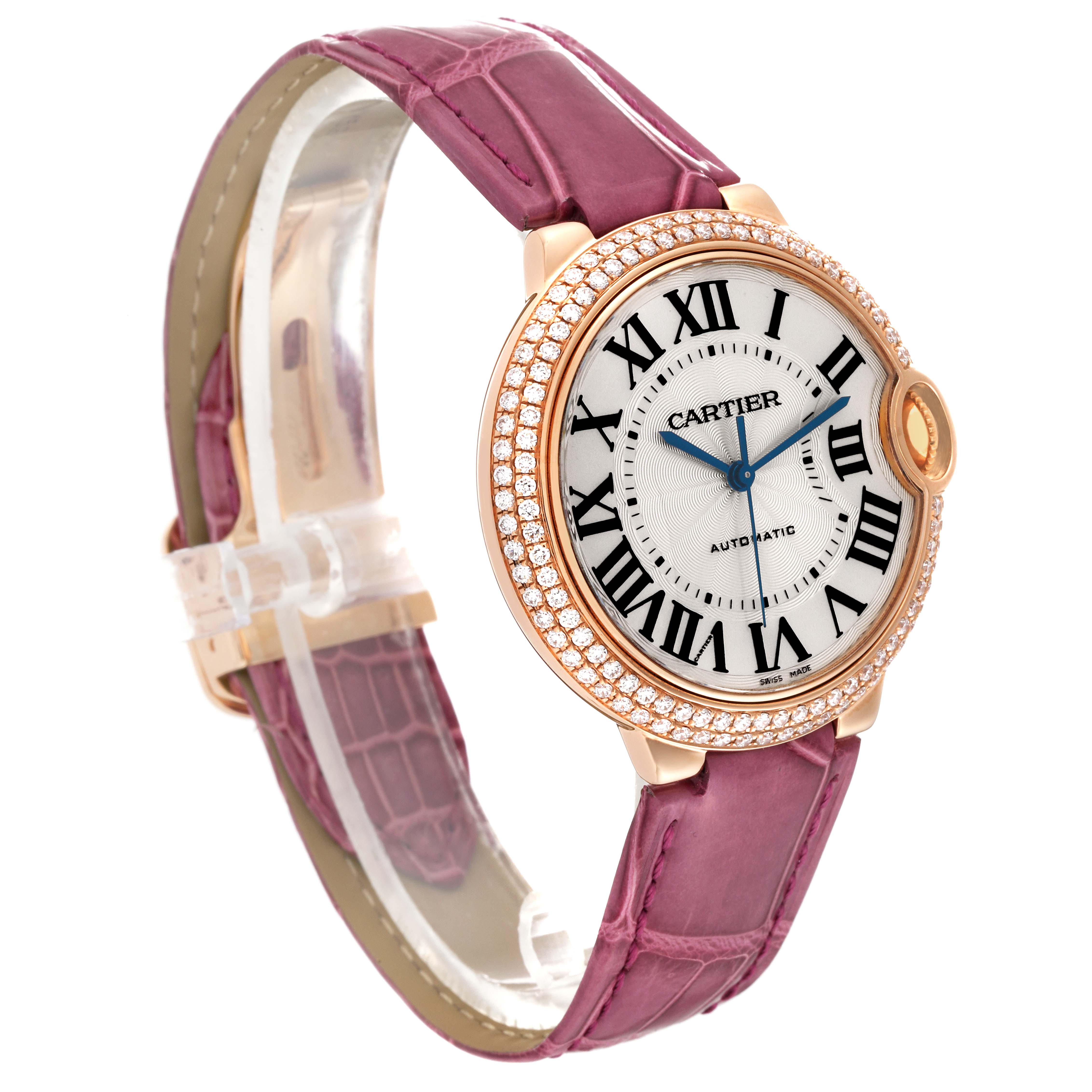 The image shows a Cartier Ballon Bleu WE900551 Women's Rose Gold Silver Dial WE900551 Women's Rose Gold Silver Dial watch at a three-quarter angle, highlighting the face, bezel, and strap.