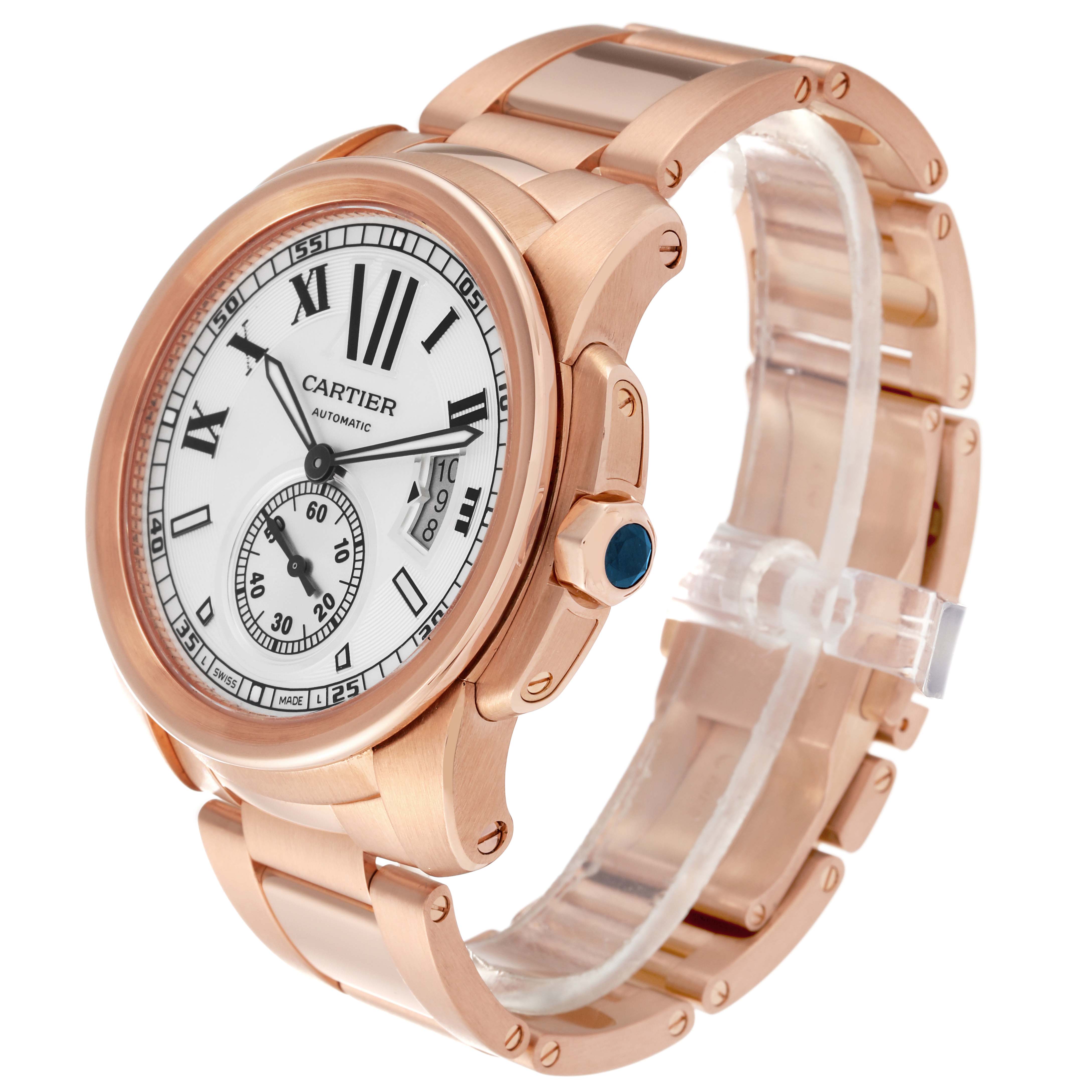 The image shows a Calibre de Cartier watch by Cartier from an angled side view, highlighting the dial, crown, and bracelet.