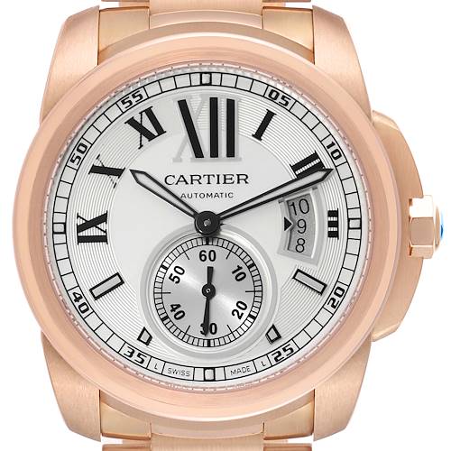 Photo of Cartier Calibre Rose Gold Silver Dial Automatic Mens Watch W7100018 Box Card