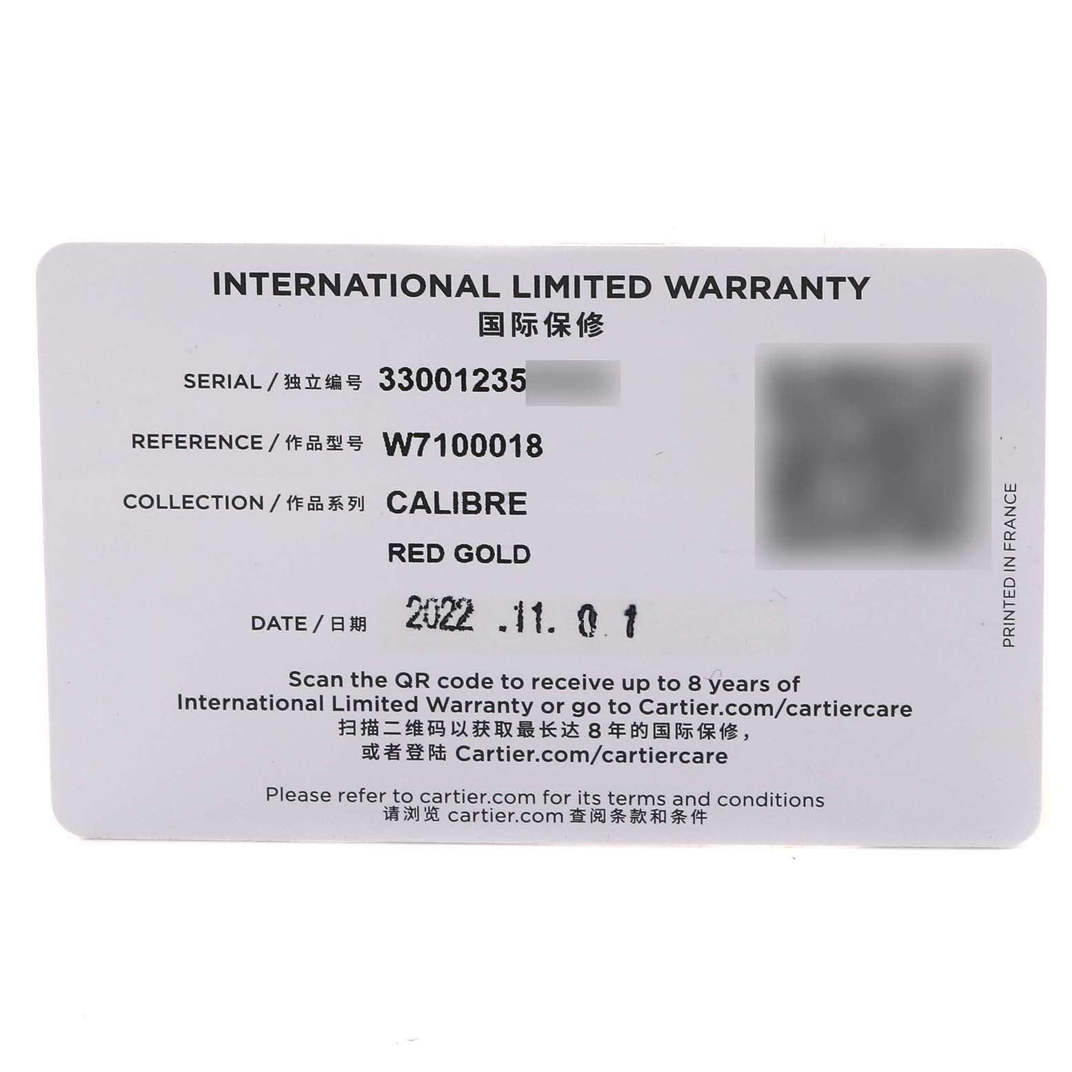 The image shows an International Limited Warranty card for the Calibre de Cartier watch model by Cartier.