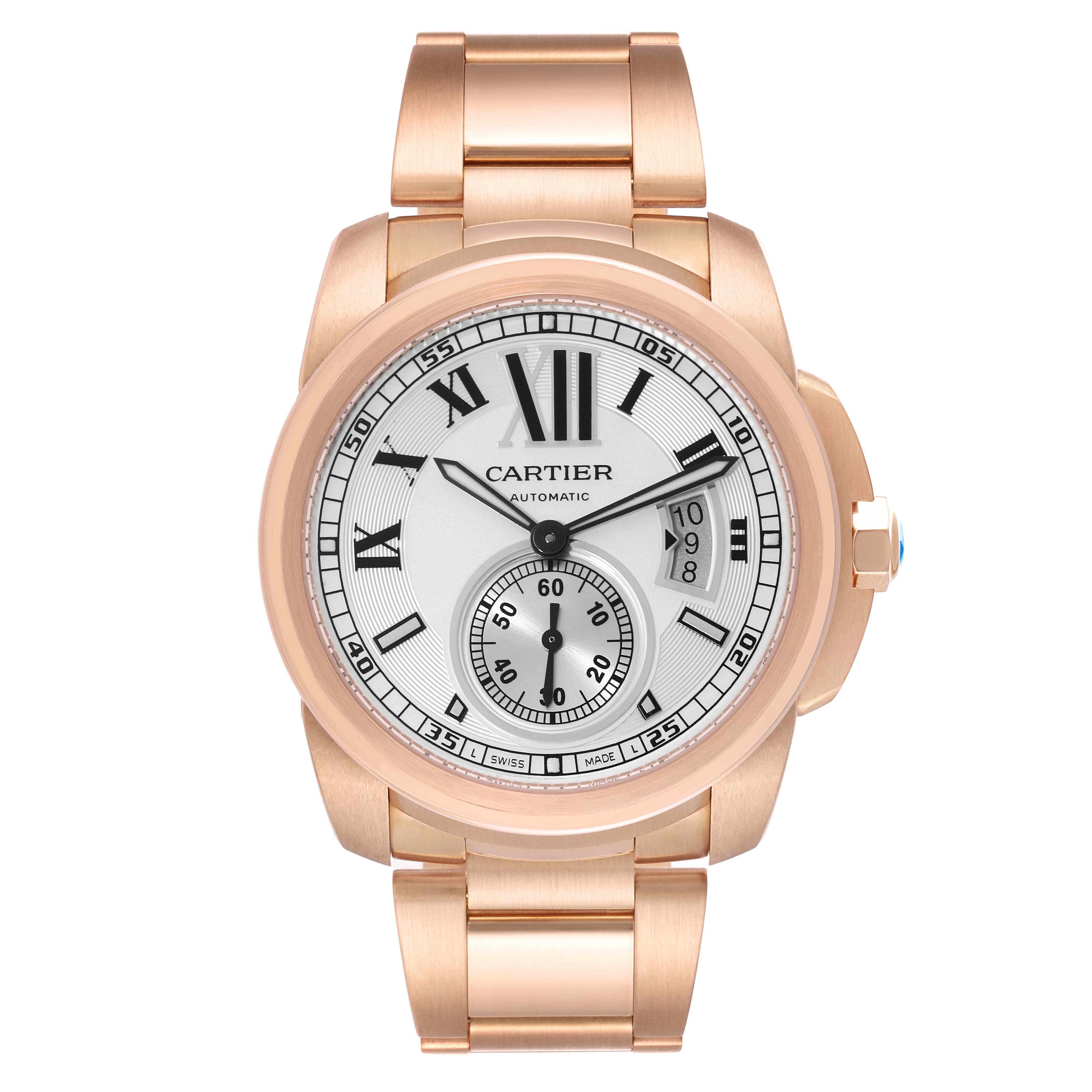 The image shows a front view of the Calibre de Cartier watch by Cartier, displaying its face and metal bracelet.