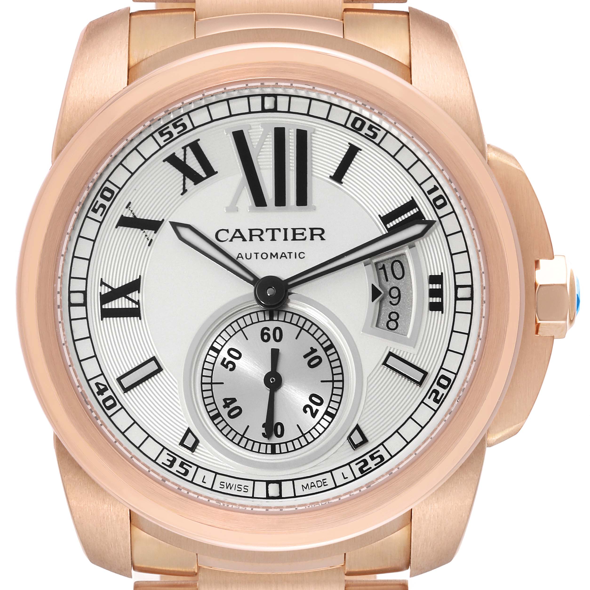 The image shows the front view of the Calibre de Cartier watch by Cartier, highlighting its dial, hands, and date display.