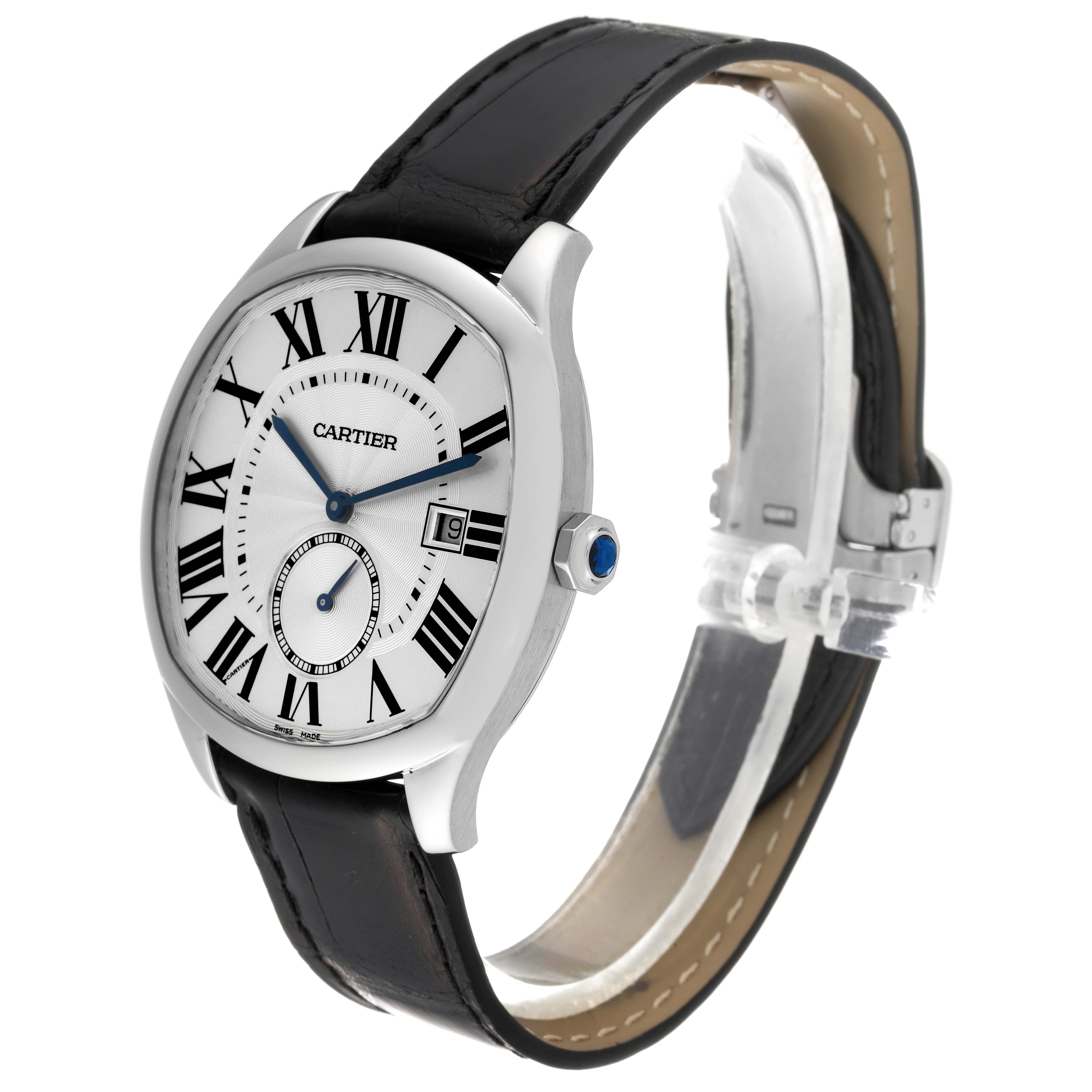 The Drive de Cartier watch by Cartier is shown at a slight angle, highlighting its face, leather strap, and side crown.