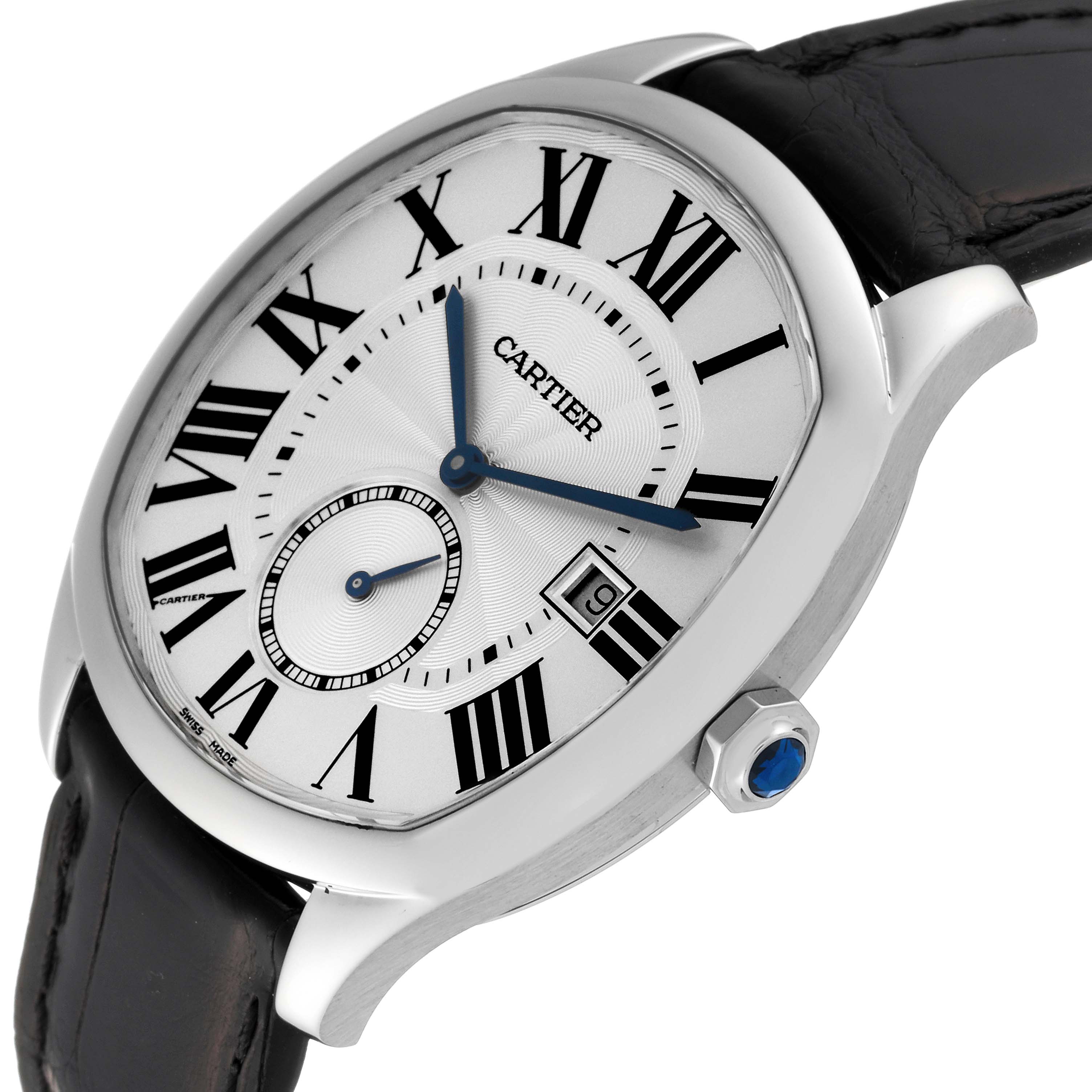 The Drive de Cartier watch by Cartier is shown at a three-quarter angle, featuring the dial, hands, crown, and part of the strap.
