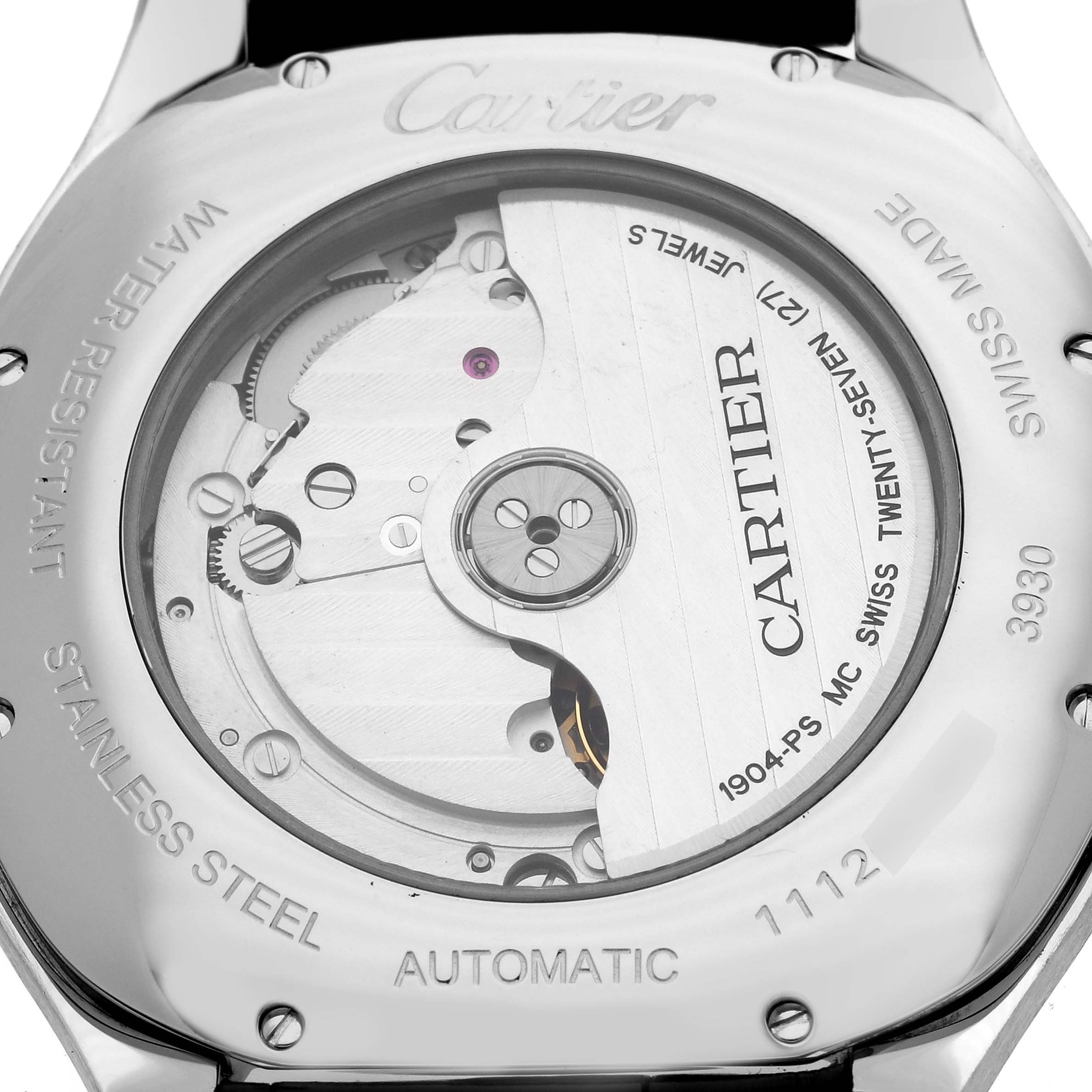 The image shows the back case of a Drive de Cartier watch by Cartier, displaying its automatic movement and engraved details.