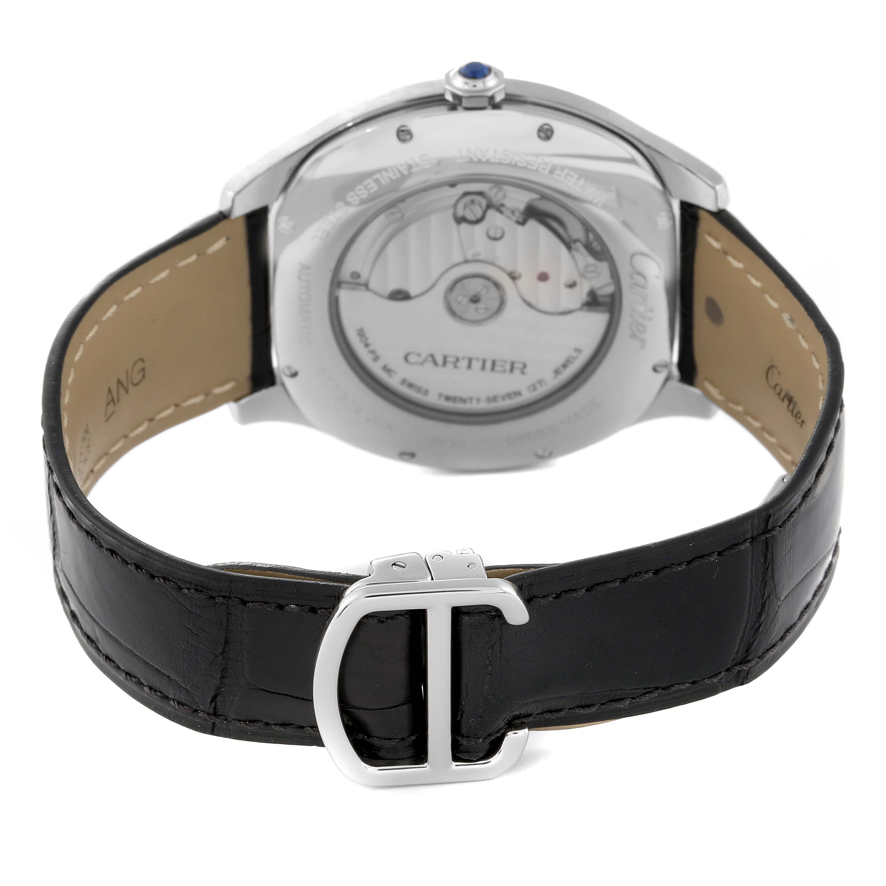 The image shows the back of a Drive de Cartier watch by Cartier, highlighting its case back, leather strap, and buckle.