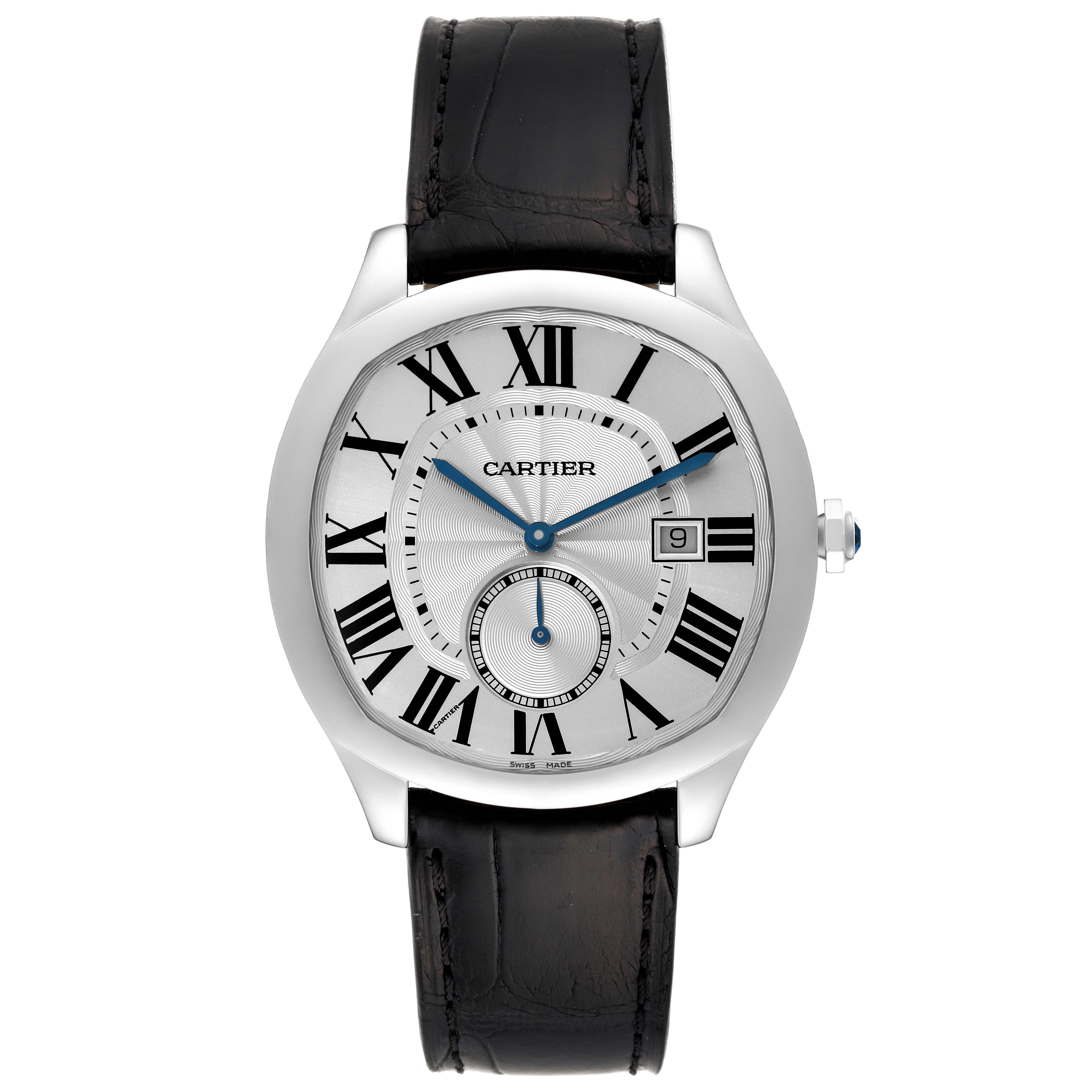 The image shows a front view of a Drive de Cartier model watch by Cartier, displaying the dial, strap, and crown.