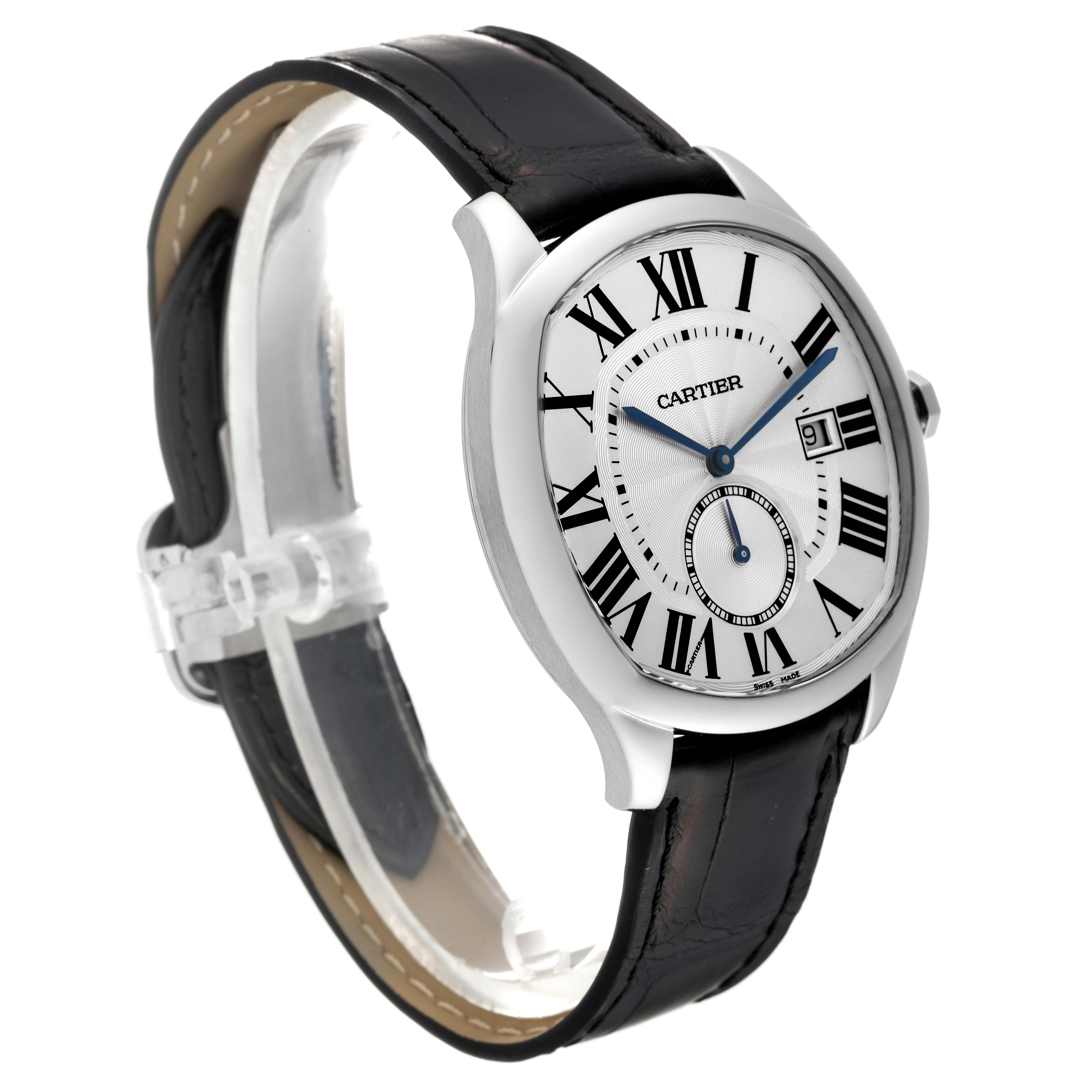 The image shows a Drive de Cartier watch by Cartier from a side angle, highlighting the face, blue hands, black leather strap, and Roman numerals.