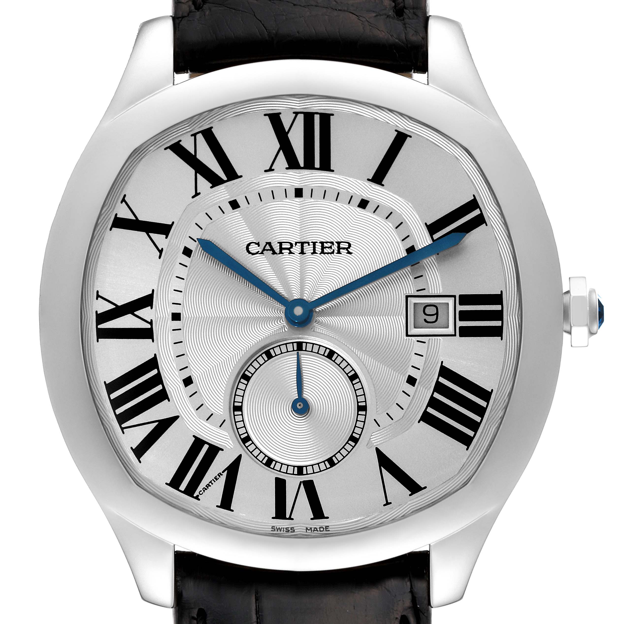 The image shows a front view of the Drive de Cartier watch by Cartier, highlighting its dial, Roman numerals, and date window.