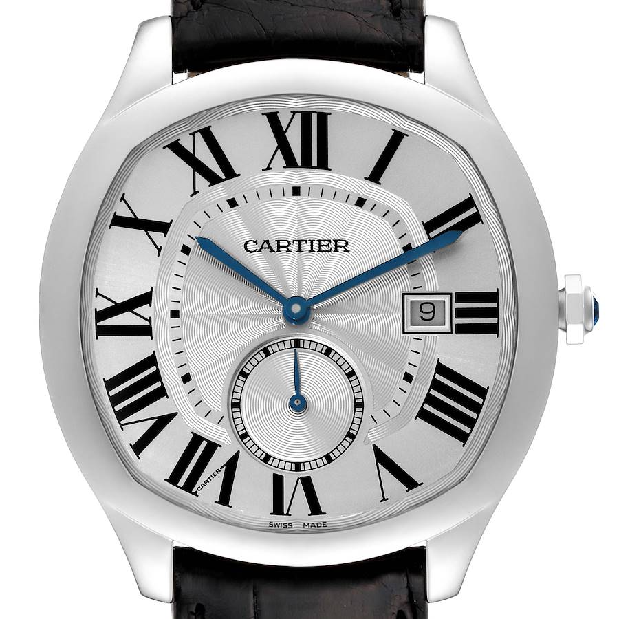 The image shows a front view of the Drive de Cartier watch by Cartier, highlighting its dial, Roman numerals, and date window.