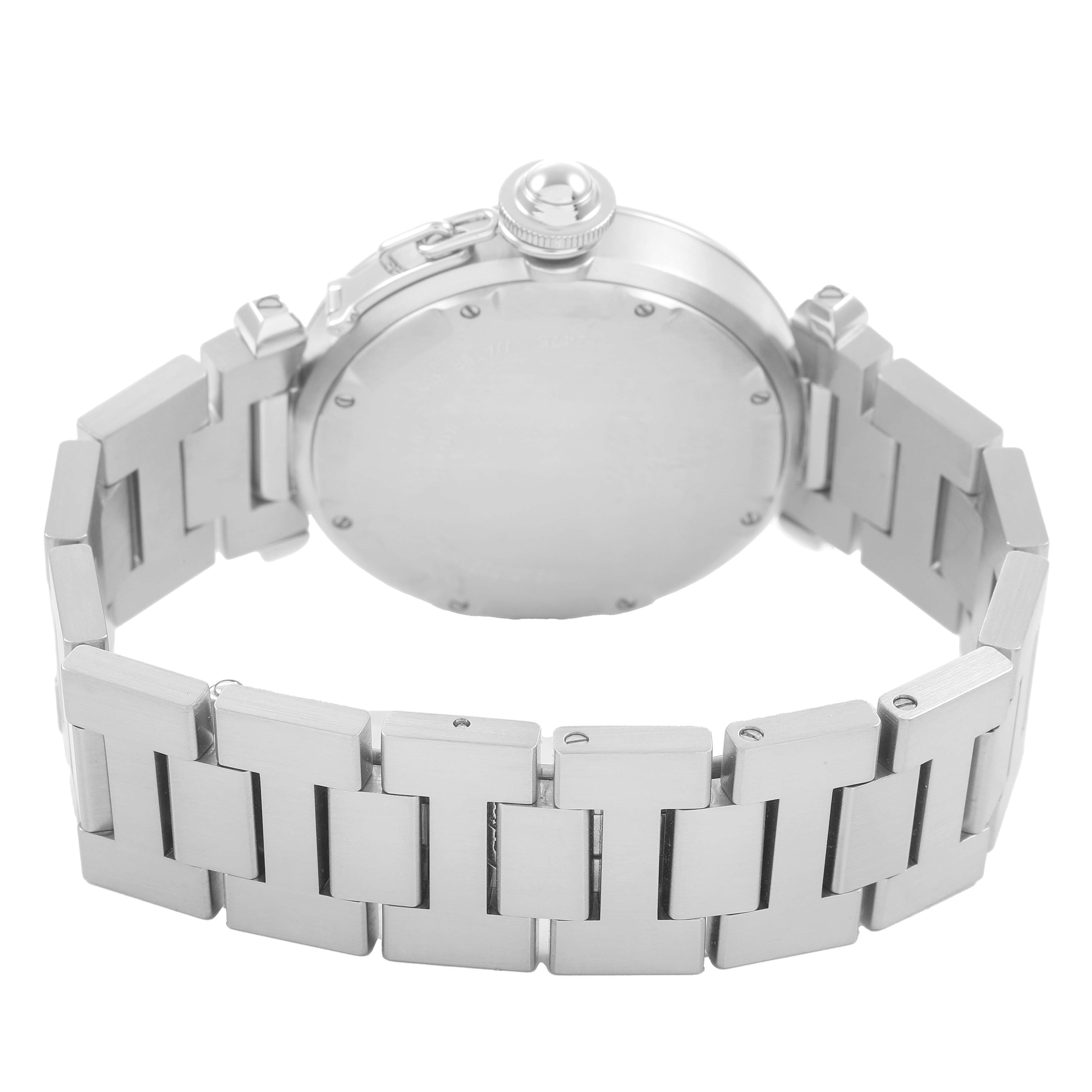 The image shows the back and bracelet of a Cartier Pasha W31055M7 Men's Stainless Steel White Dial watch, focusing on the case back and metal links.