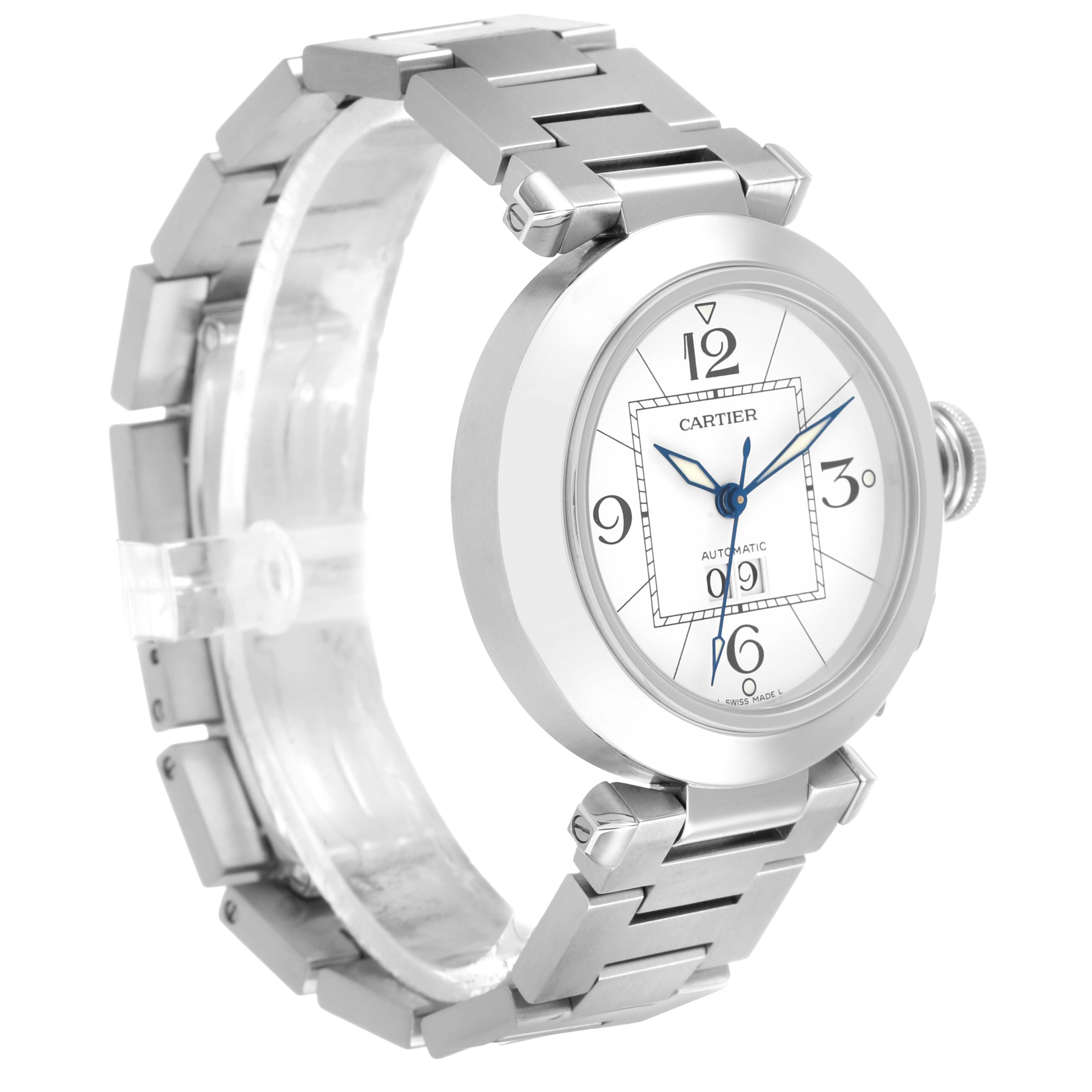 The Cartier Pasha W31055M7 Men's Stainless Steel White Dial watch is shown at a three-quarter angle, displaying its face, crown, and metal bracelet.