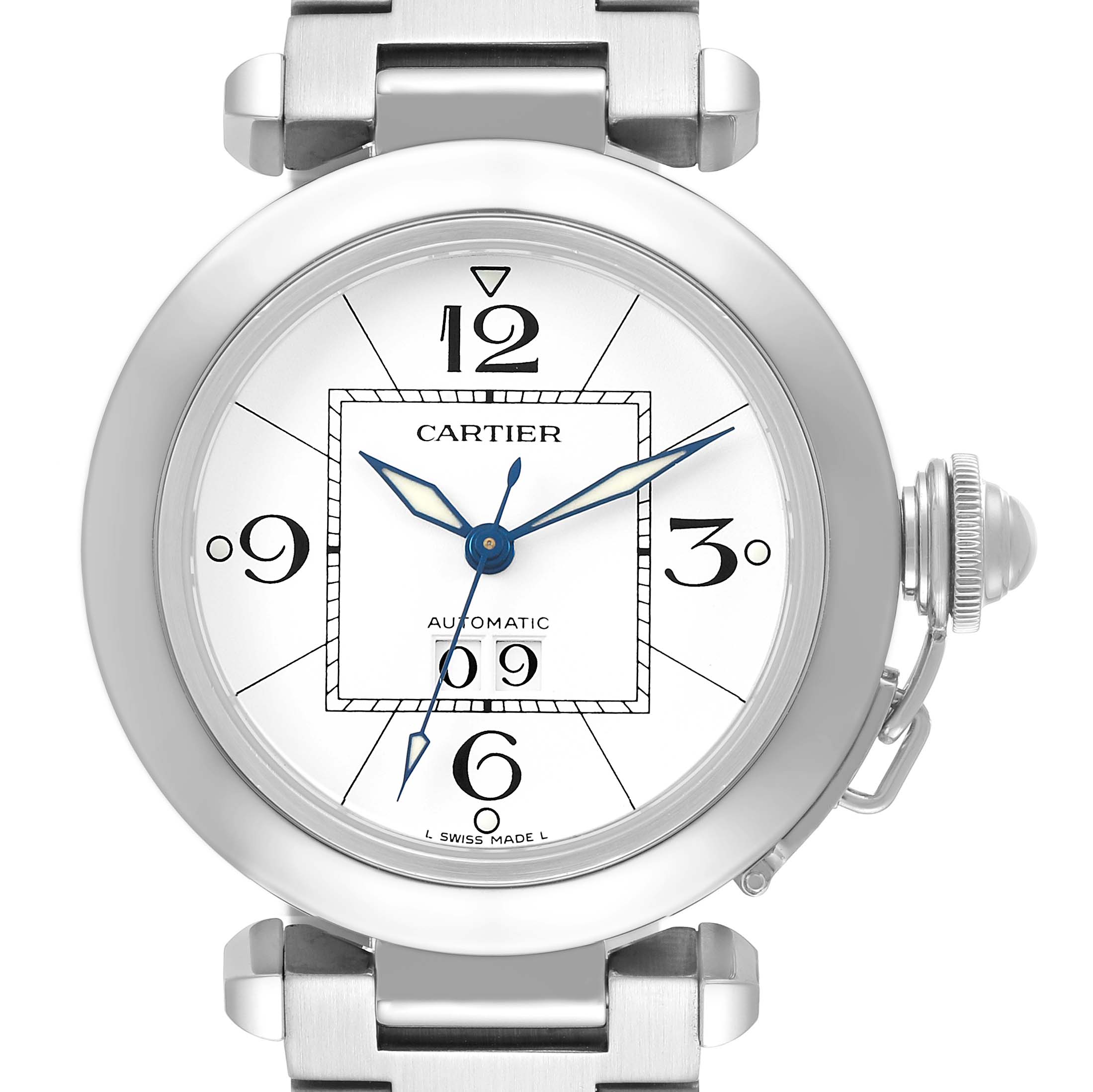 The Cartier Pasha W31055M7 Men's Stainless Steel White Dial watch is shown front-facing, displaying its dial, hands, crown, and part of the bracelet links.