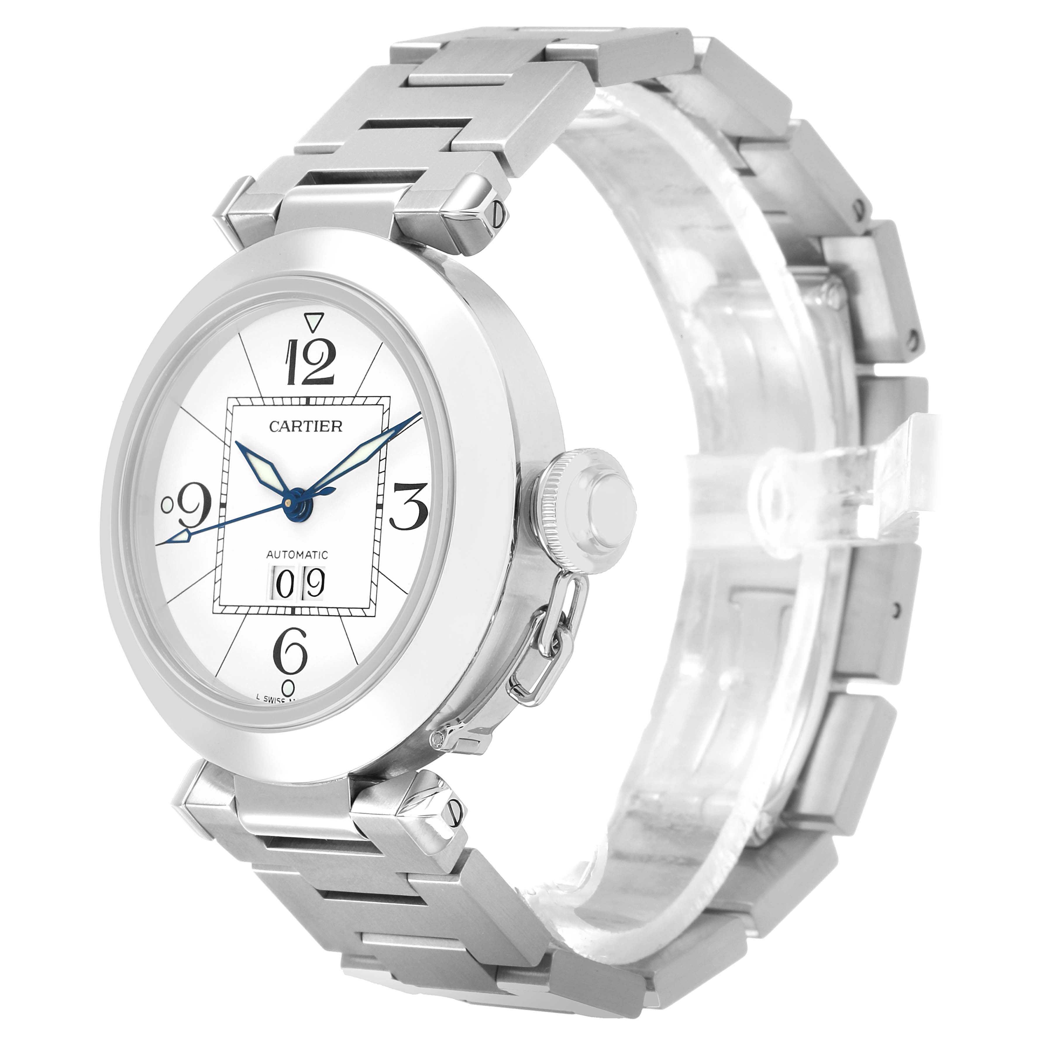The Cartier Pasha W31055M7 Men's Stainless Steel White Dial watch is shown at an angled side view, highlighting the bracelet, case, and crown detail.