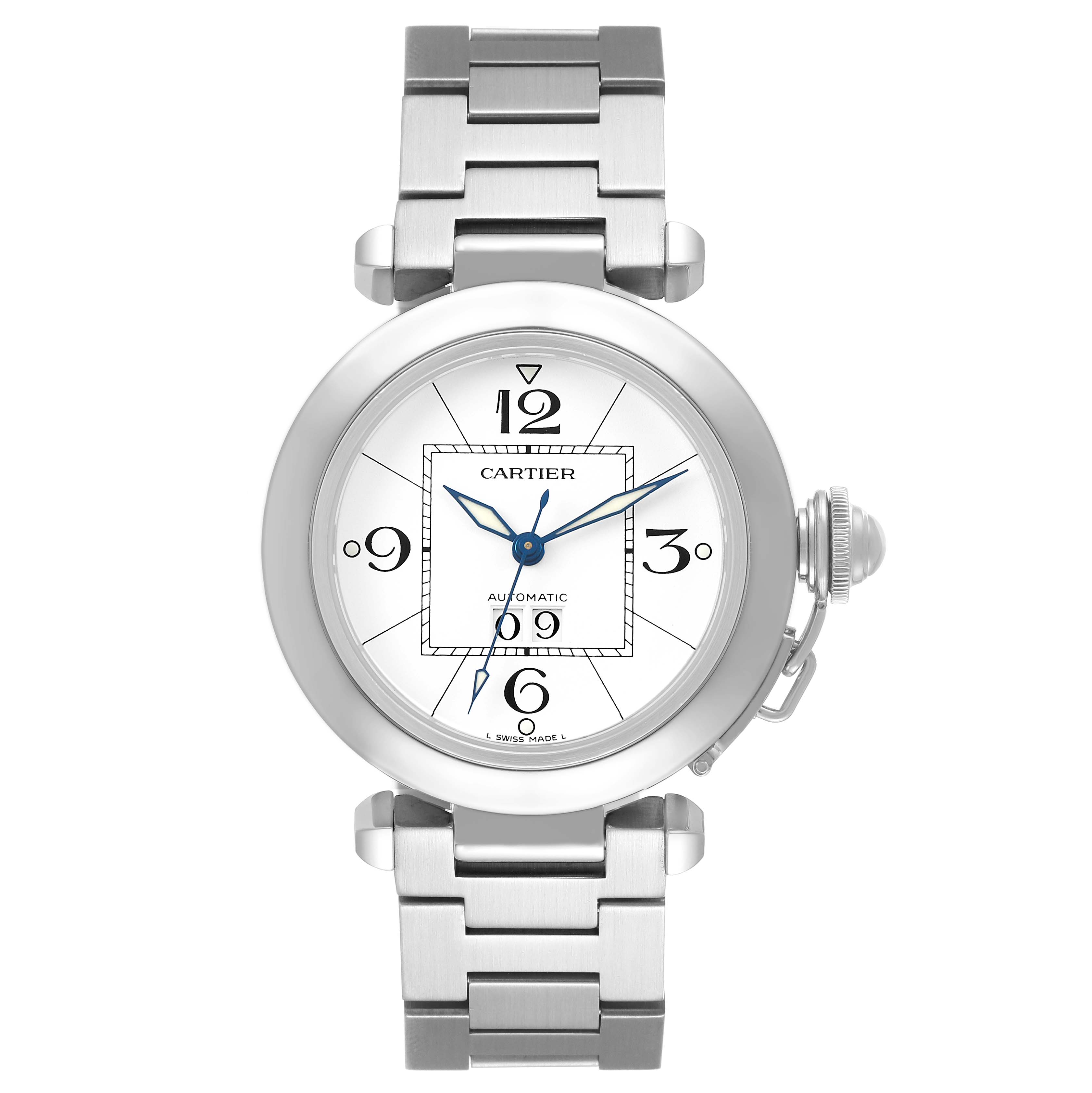 The Cartier Pasha W31055M7 Men's Stainless Steel White Dial watch is shown from a front angle, displaying the face, bracelet, and crown guard.