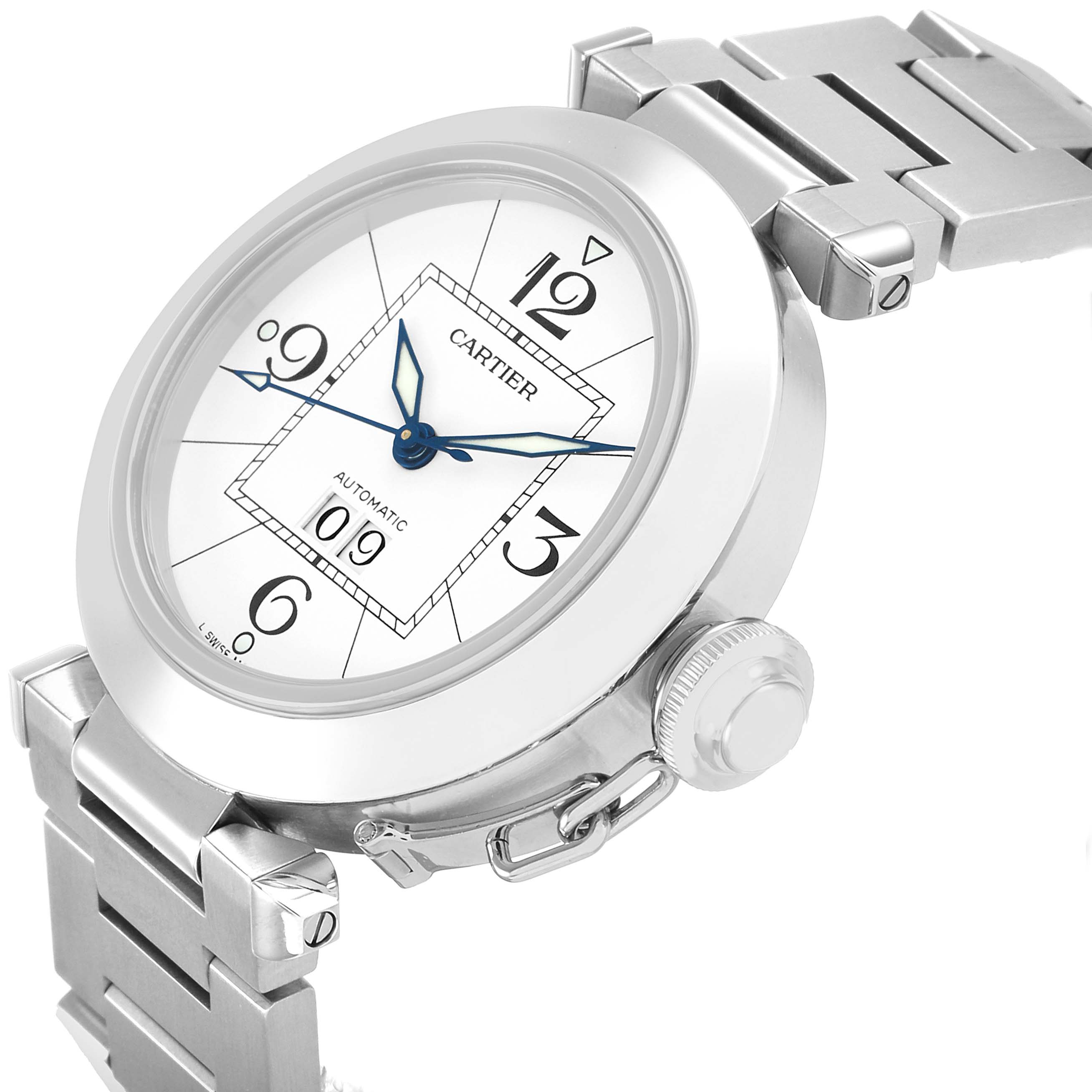 The Cartier Pasha W31055M7 Men's Stainless Steel White Dial watch is shown at a three-quarter angle, highlighting the dial, bracelet, and crown.