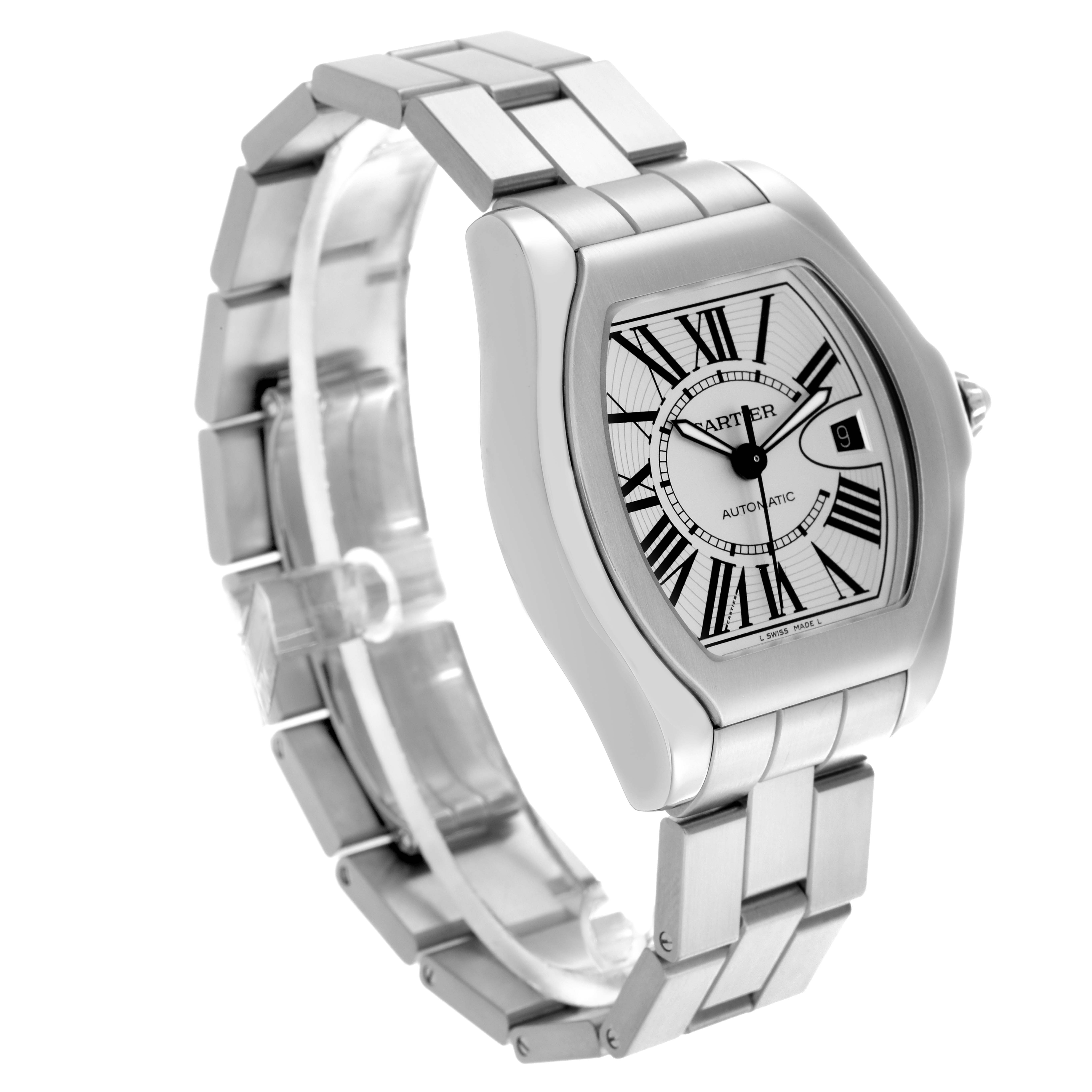 The Cartier Roadster W6206017 Men
s Stainless Steel Silver Dial W6206017 Men
s Stainless Steel Silver Dial watch is shown at a three-quarter angle, highlighting its silver bracelet and dial with Roman numerals.