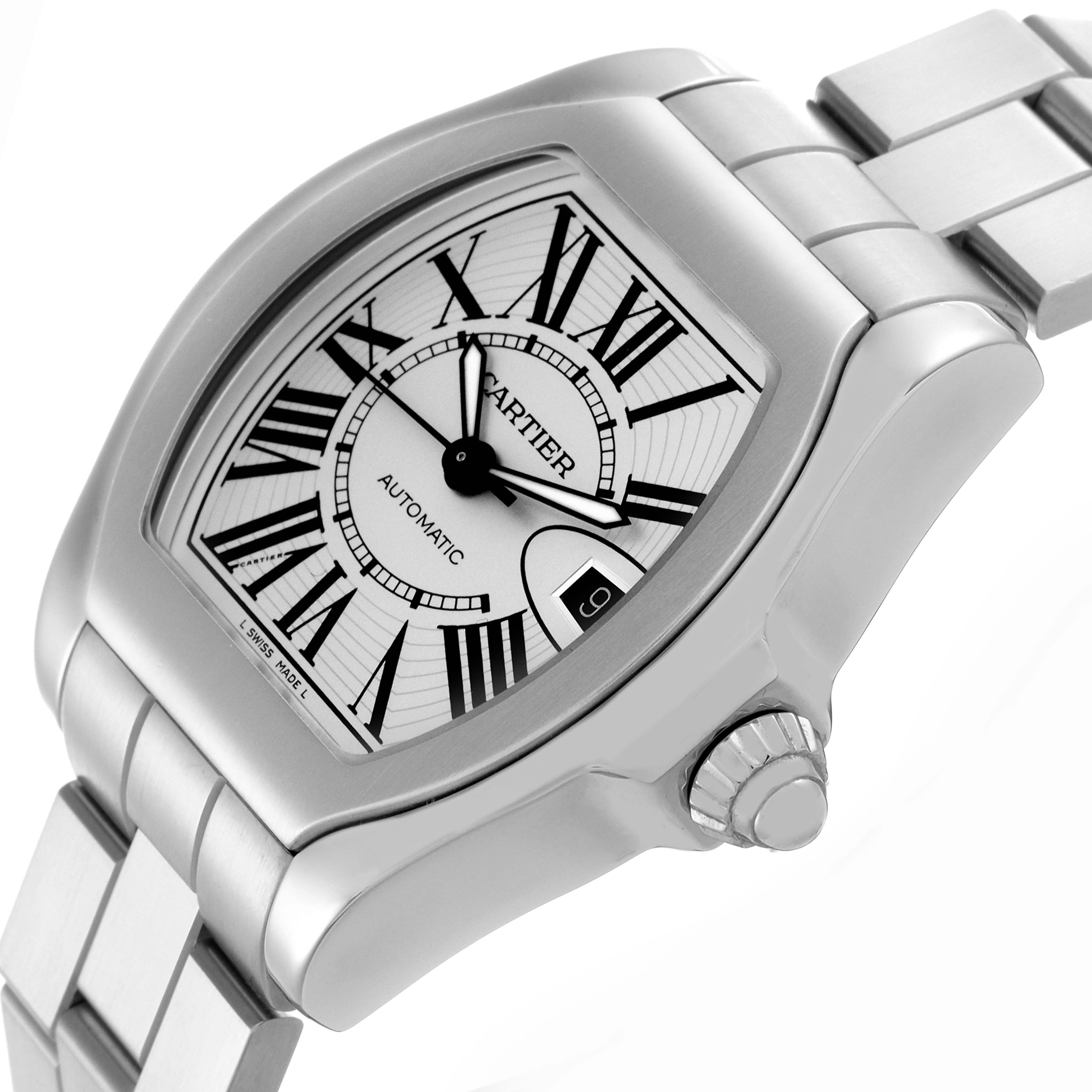 The Cartier Roadster W6206017 Men
s Stainless Steel Silver Dial W6206017 Men
s Stainless Steel Silver Dial watch is shown at an angle displaying the face, crown, and part of the bracelet.