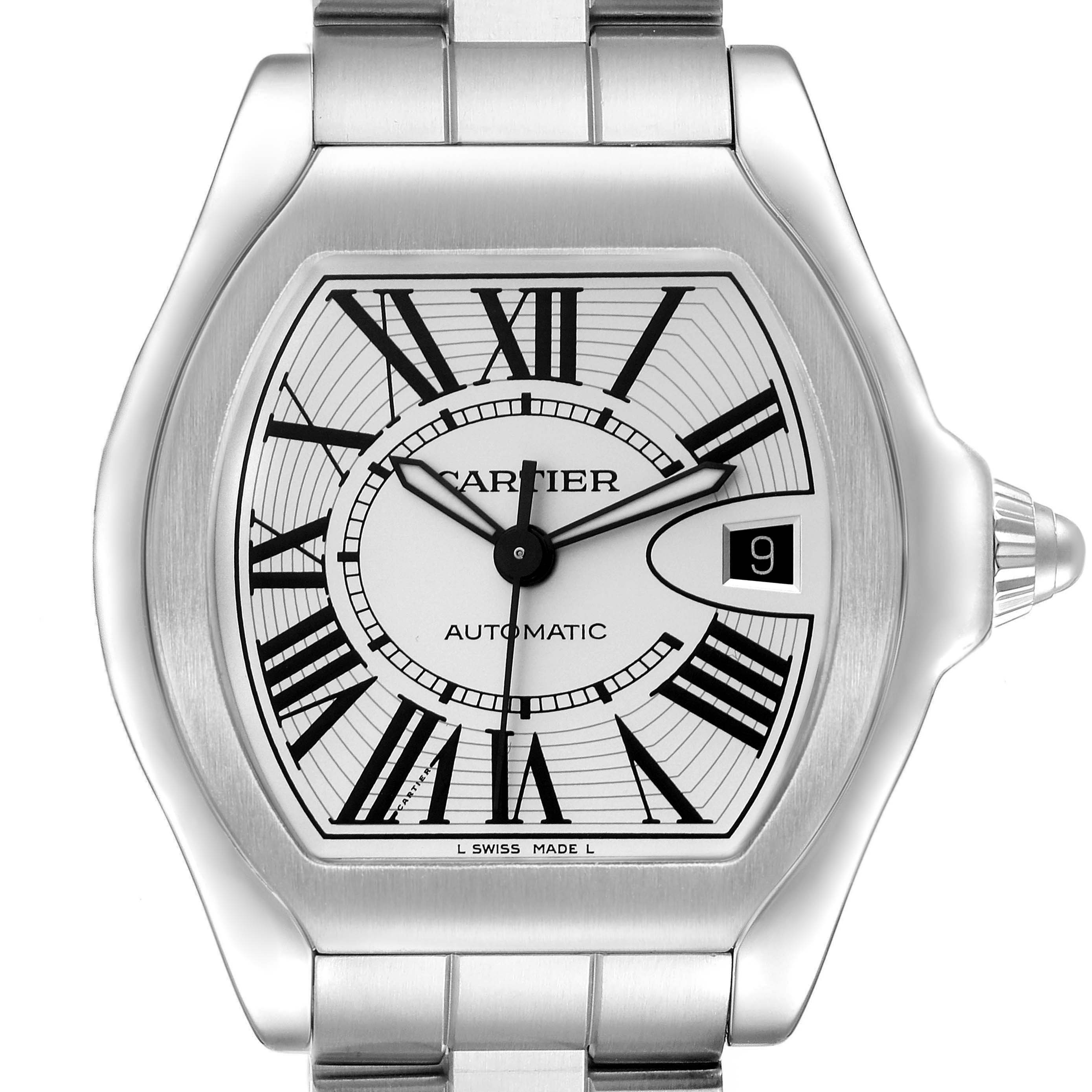 The Cartier Roadster W6206017 Men
s Stainless Steel Silver Dial W6206017 Men
s Stainless Steel Silver Dial watch is shown from the front, displaying its dial, case, and partial bracelet.