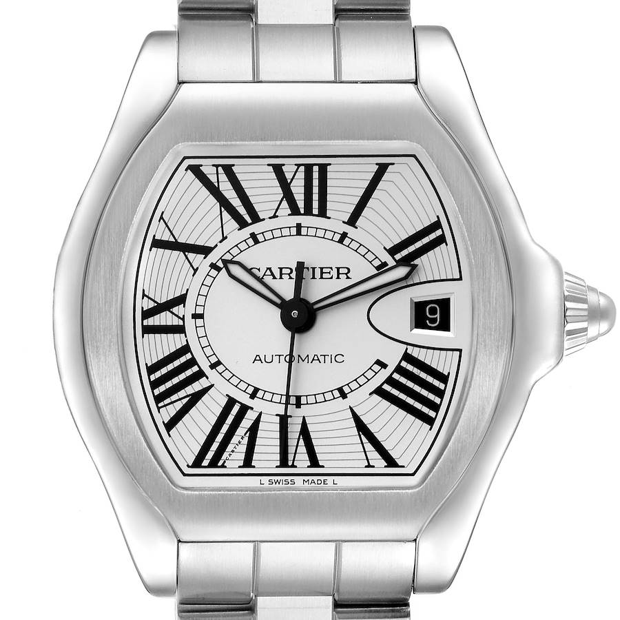 The Cartier Roadster watch is shown from the front, displaying its dial, case, and partial bracelet.