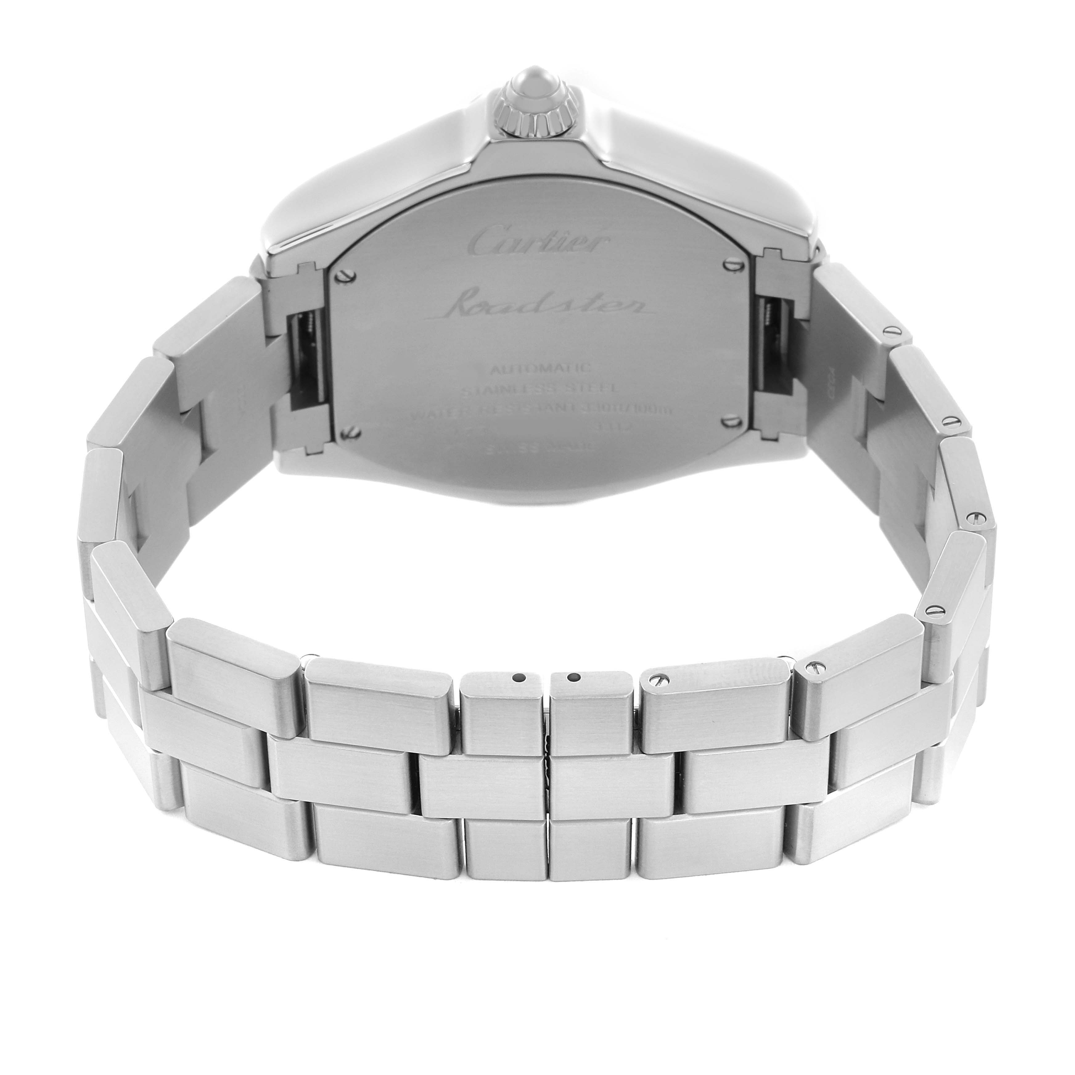 The image shows a Cartier Roadster W6206017 Men
s Stainless Steel Silver Dial W6206017 Men
s Stainless Steel Silver Dial watch from a rear angle, highlighting the case back and metal bracelet.