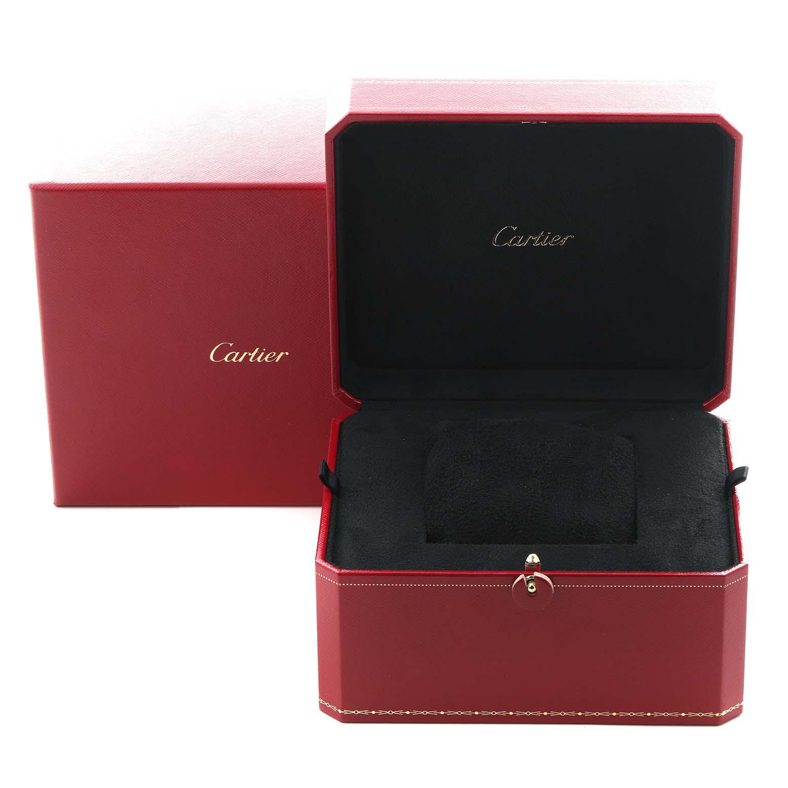 The image shows the open red Cartier Roadster W6206017 Men
s Stainless Steel Silver Dial W6206017 Men
s Stainless Steel Silver Dial watch box with black interior, displaying no watch.