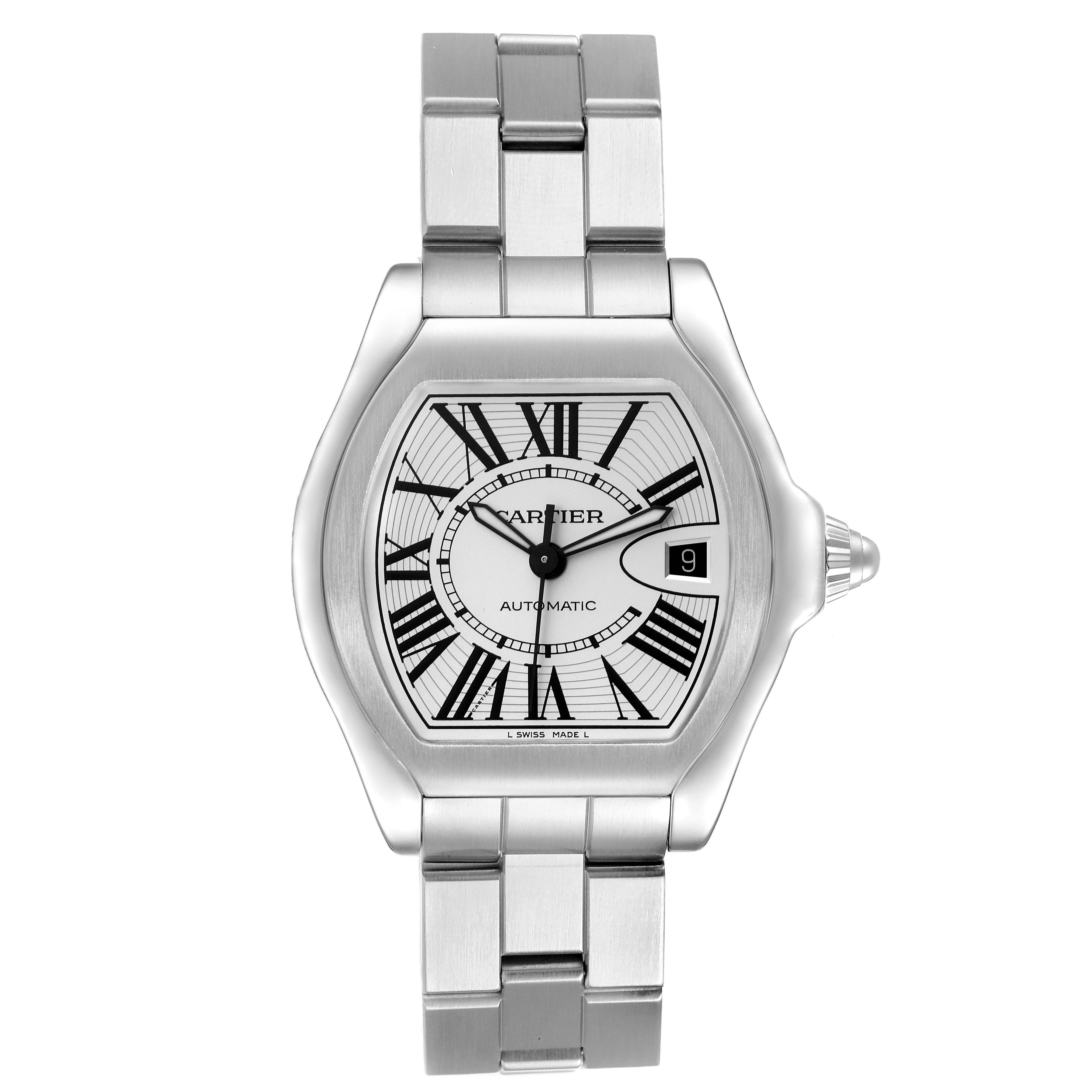 The Cartier Roadster W6206017 Men
s Stainless Steel Silver Dial W6206017 Men
s Stainless Steel Silver Dial watch is shown from the front, displaying the face, bezel, bracelet, and crown with a date window.