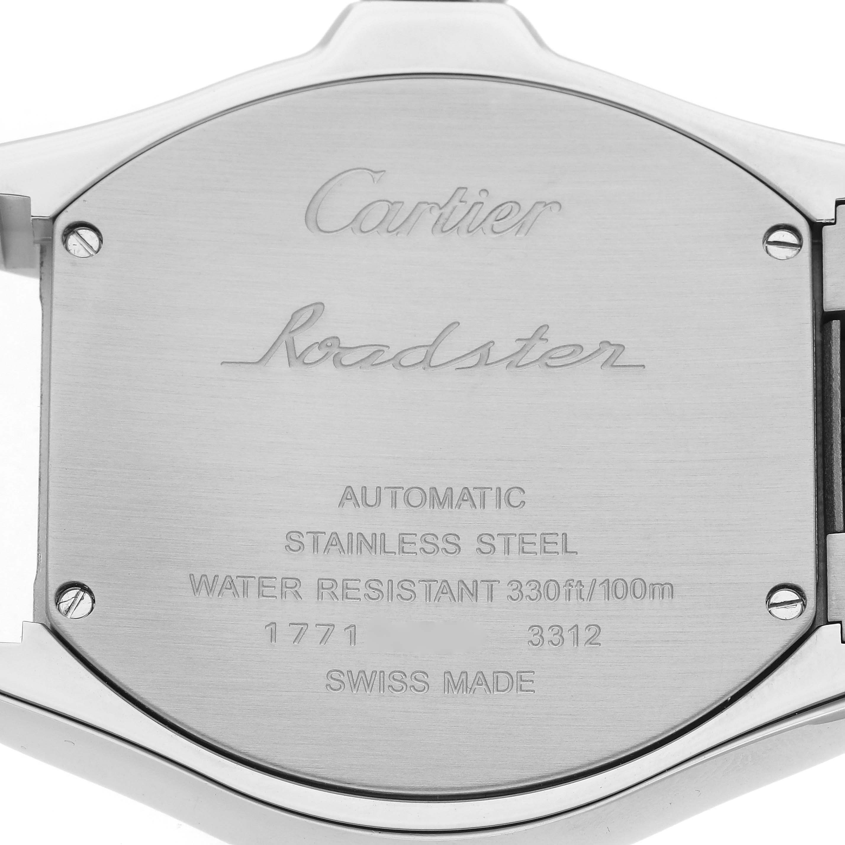 The image shows the back casing of a Cartier Roadster W6206017 Men
s Stainless Steel Silver Dial W6206017 Men
s Stainless Steel Silver Dial watch, highlighting the engraved specifications.