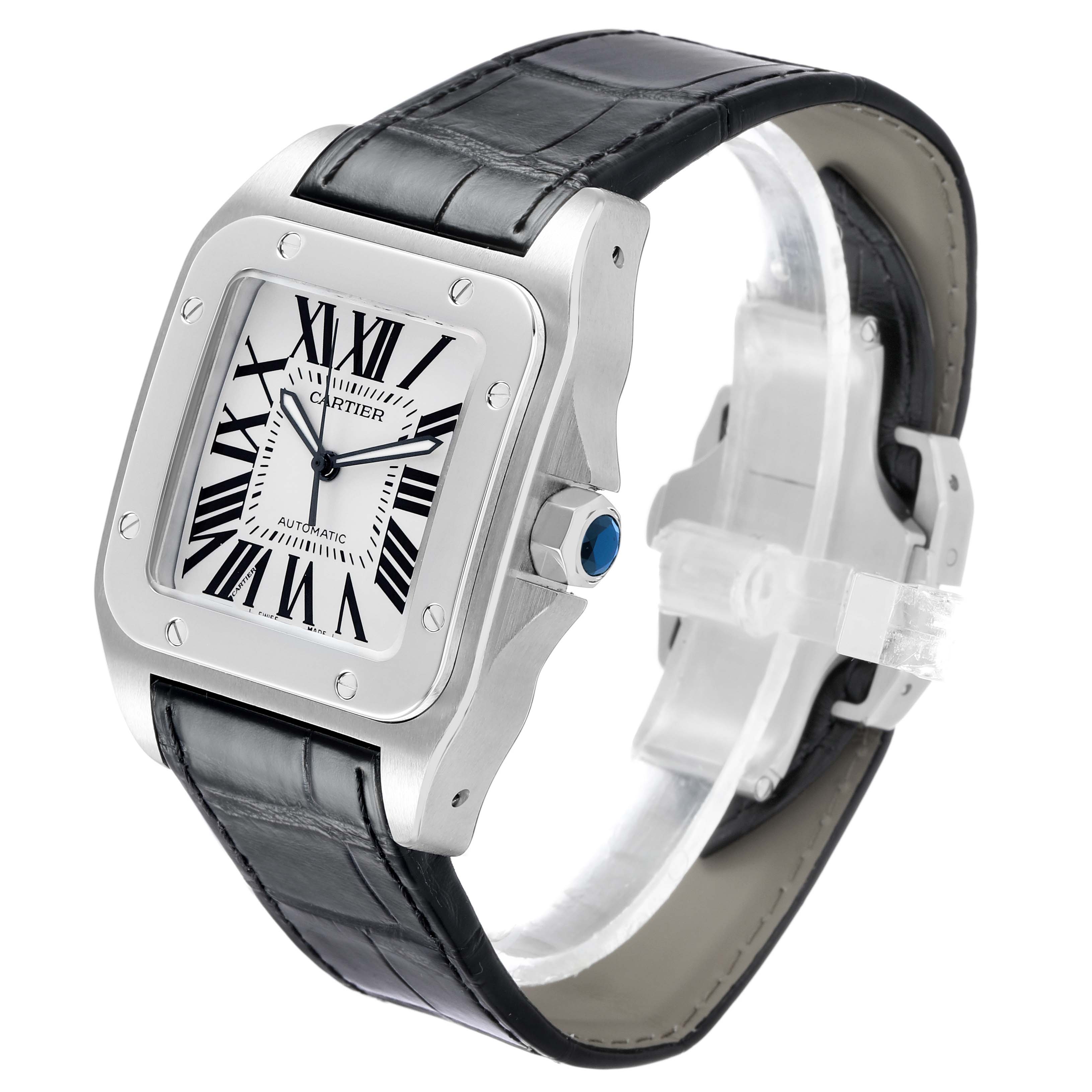 The Cartier Santos W20073X8 Men's Stainless Steel Silver Dial watch is shown at a three-quarter angle, highlighting the face, bezel, crown, and leather strap.