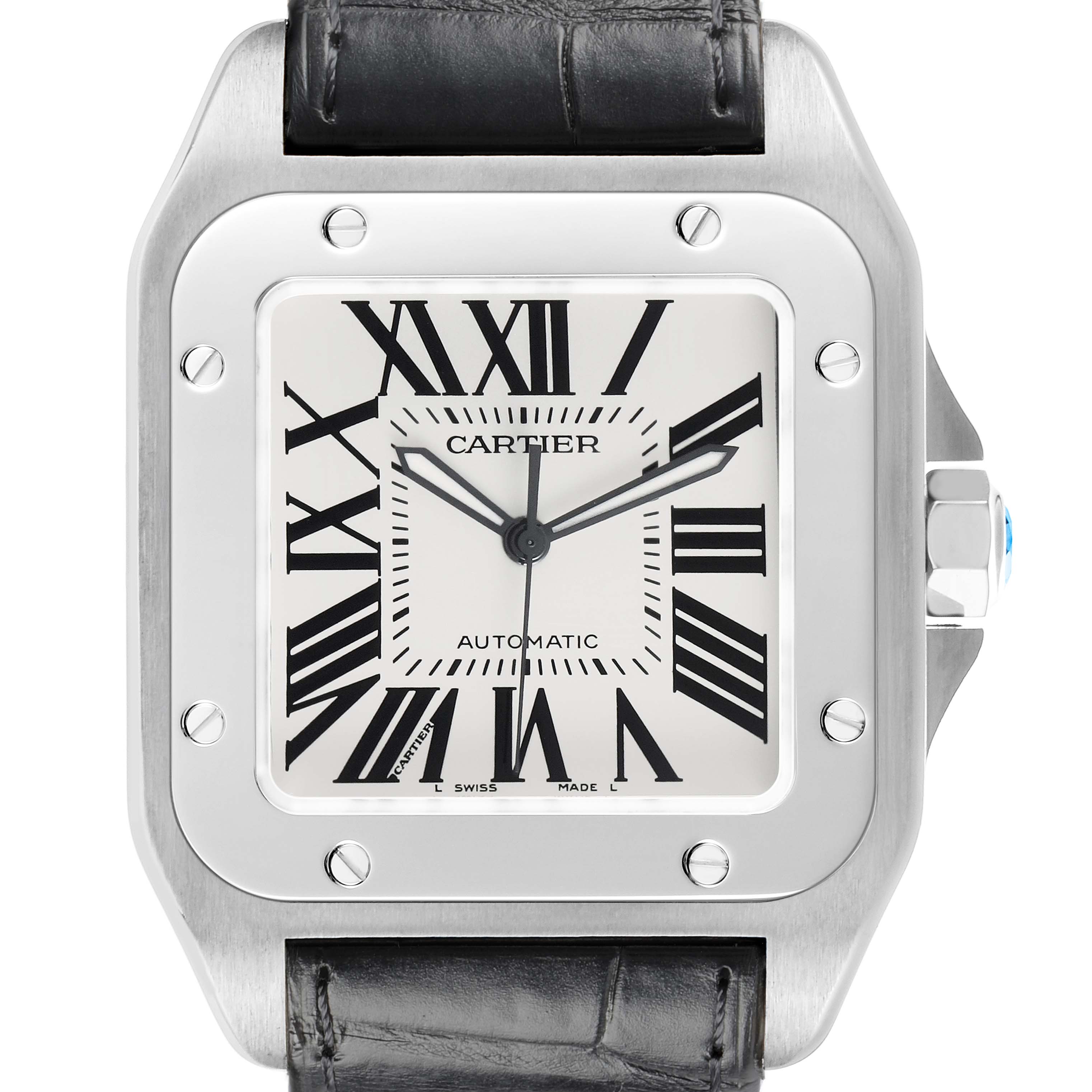The image shows a frontal view of a Cartier Santos W20073X8 Men's Stainless Steel Silver Dial watch, highlighting the face, bezel, and crown.