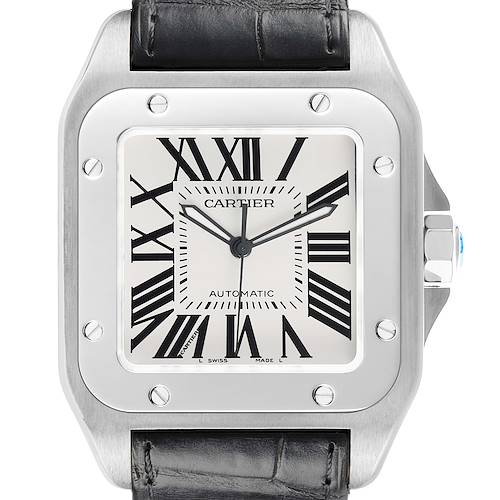 The image shows a front view of a Cartier Santos W20073X8 Men's Stainless Steel Silver Dial watch, highlighting the dial, bezel, and strap connection.