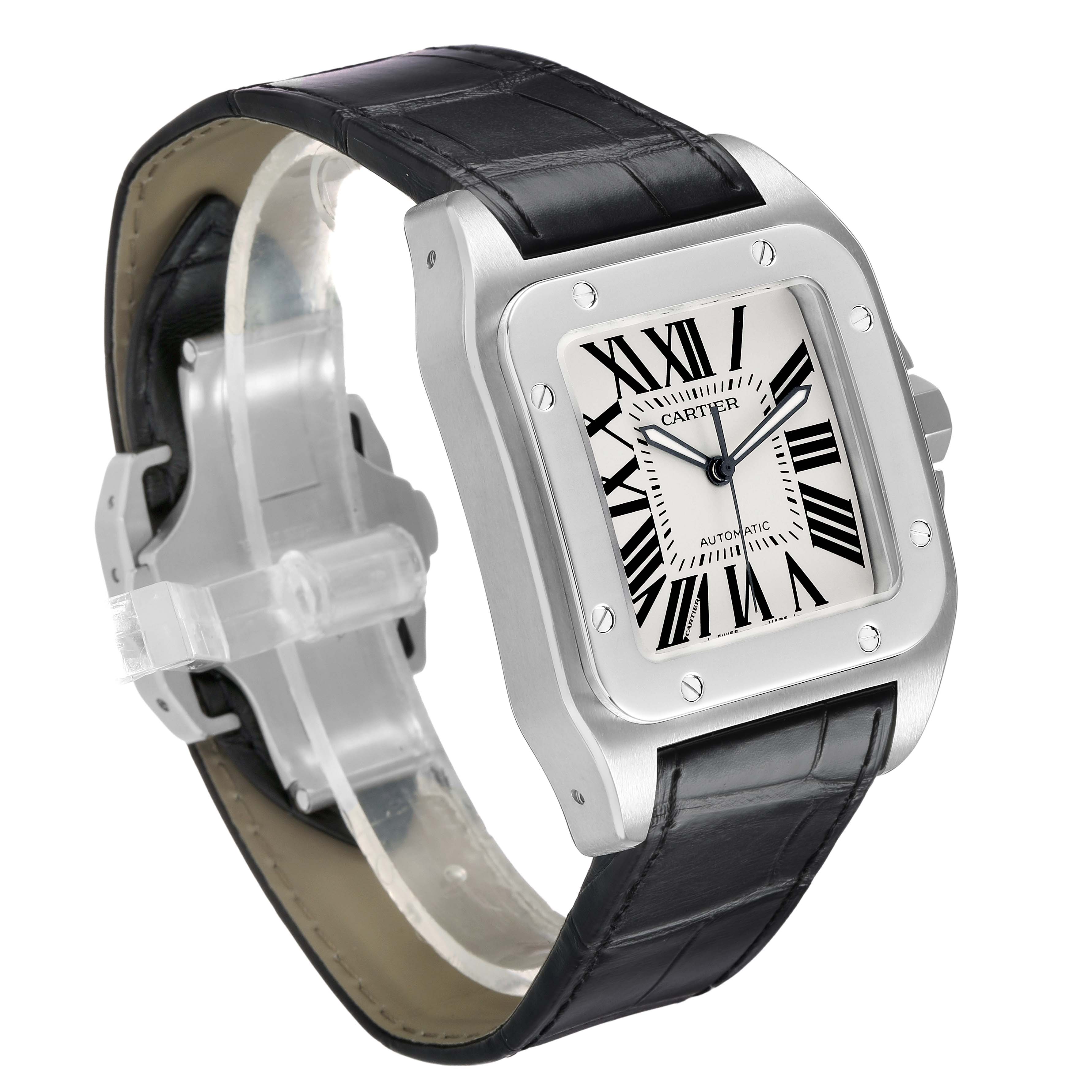 The Cartier Santos W20073X8 Men's Stainless Steel Silver Dial watch is shown at an angled view highlighting the square face, bezel, black leather strap, and Roman numerals.