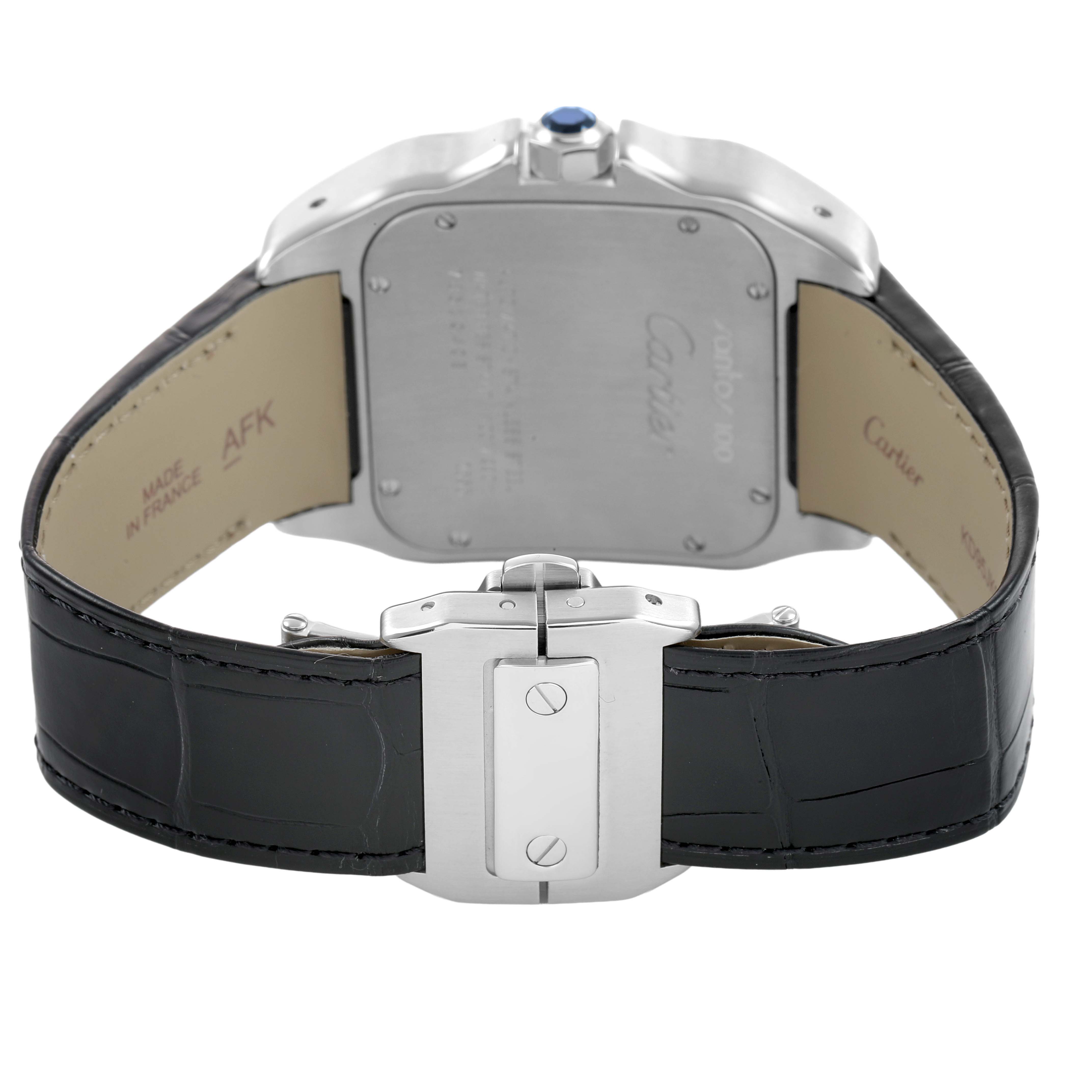 The image shows the back of the Cartier Santos W20073X8 Men's Stainless Steel Silver Dial watch, focusing on its caseback, clasp, and leather strap.