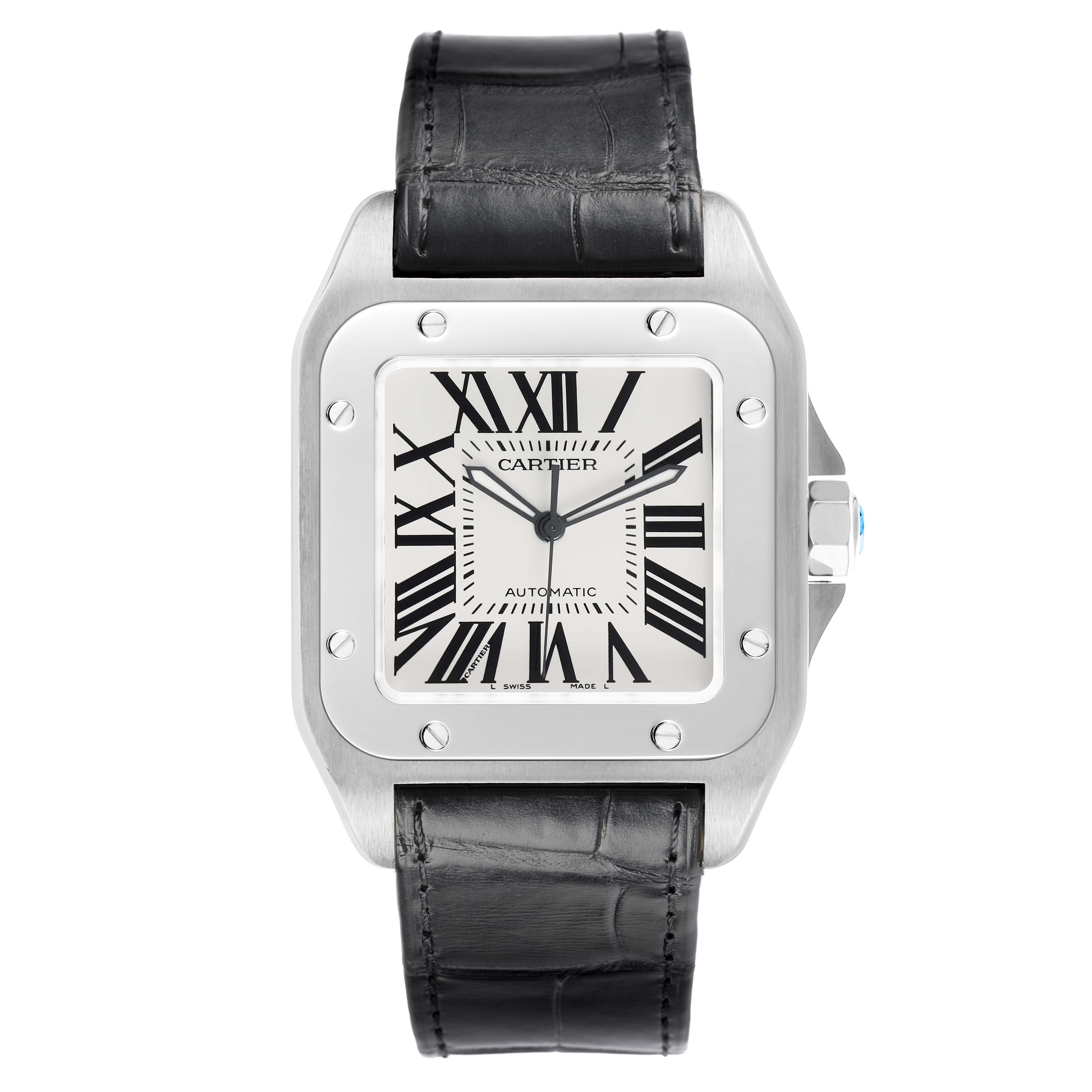 The Cartier Santos W20073X8 Men's Stainless Steel Silver Dial watch is shown from a front angle, highlighting its square face, Roman numerals, and black leather strap.