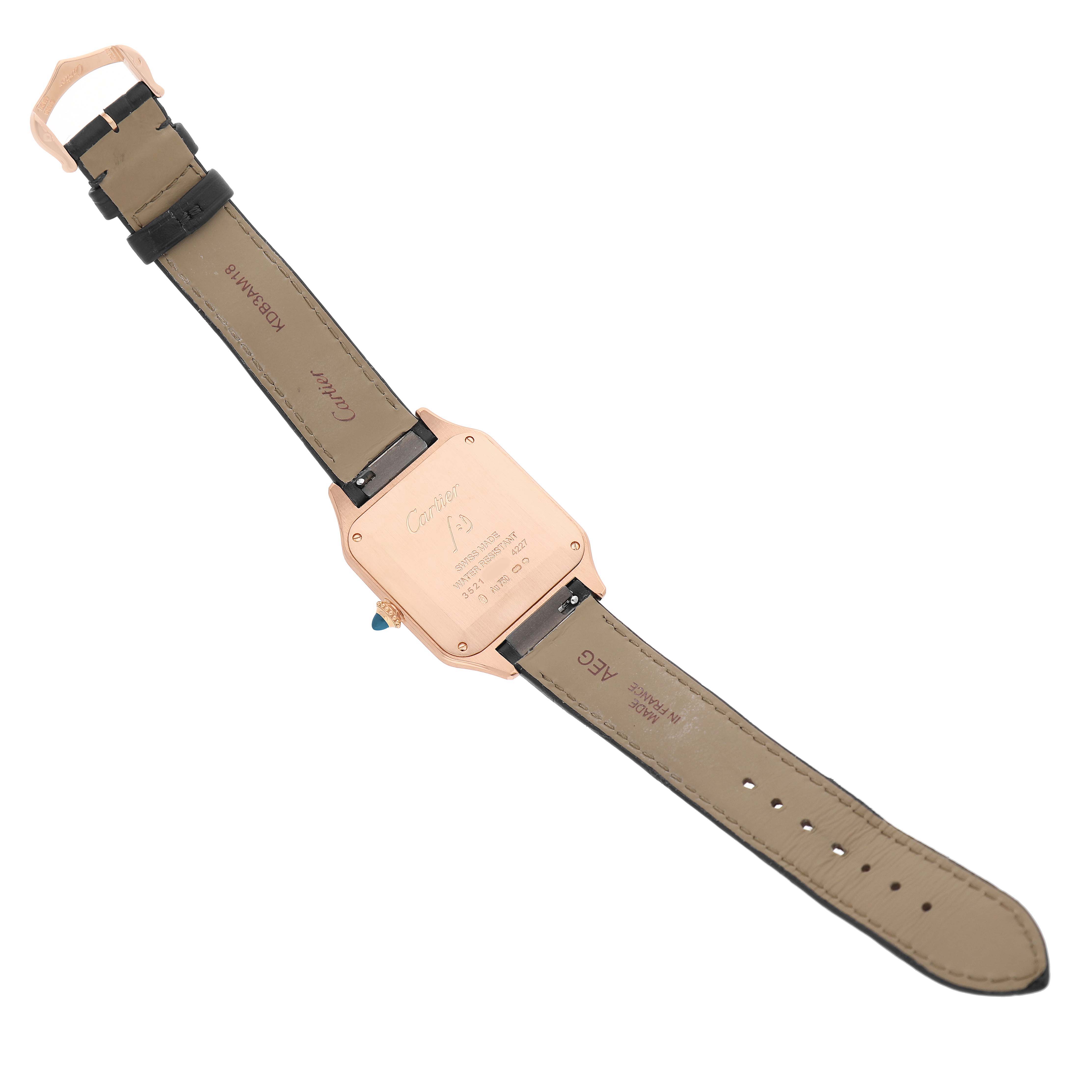 The image shows the back view of the Cartier Santos Dumont WGSA0021 Men's Rose Gold Silver Dial, highlighting the case back and leather straps.