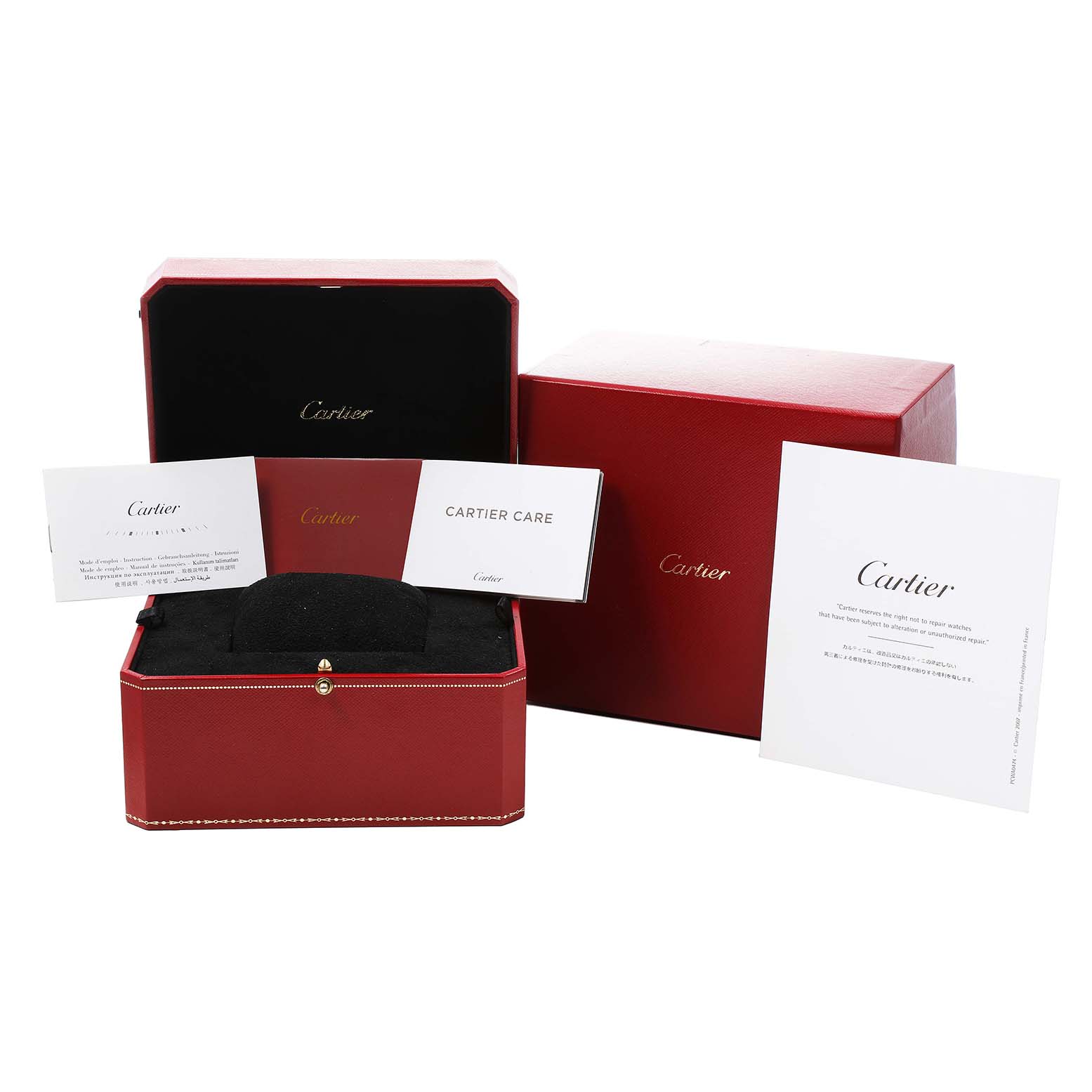 The image shows the packaging and paperwork for a Cartier Santos Dumont WGSA0021 Men's Rose Gold Silver Dial watch, including a red box and care documents.