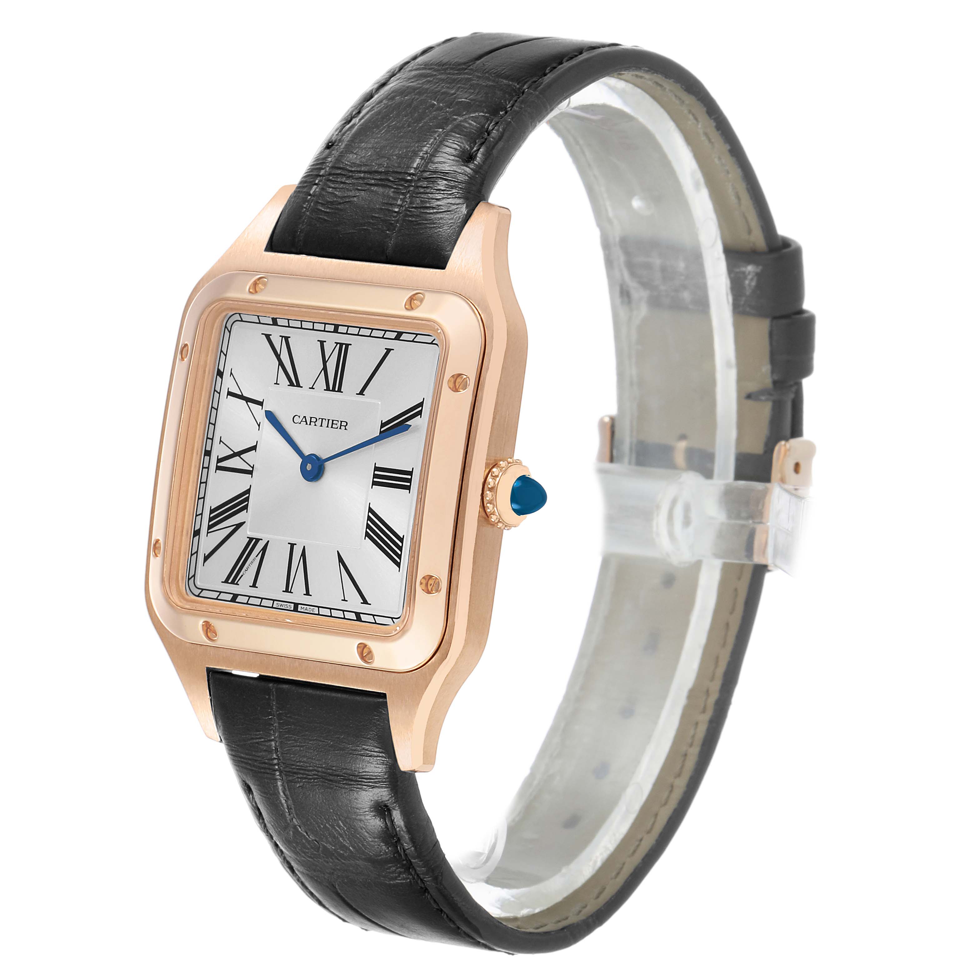 The Cartier Santos Dumont WGSA0021 Men's Rose Gold Silver Dial watch is shown at a three-quarter angle, highlighting its face, bezel, crown, and leather strap.