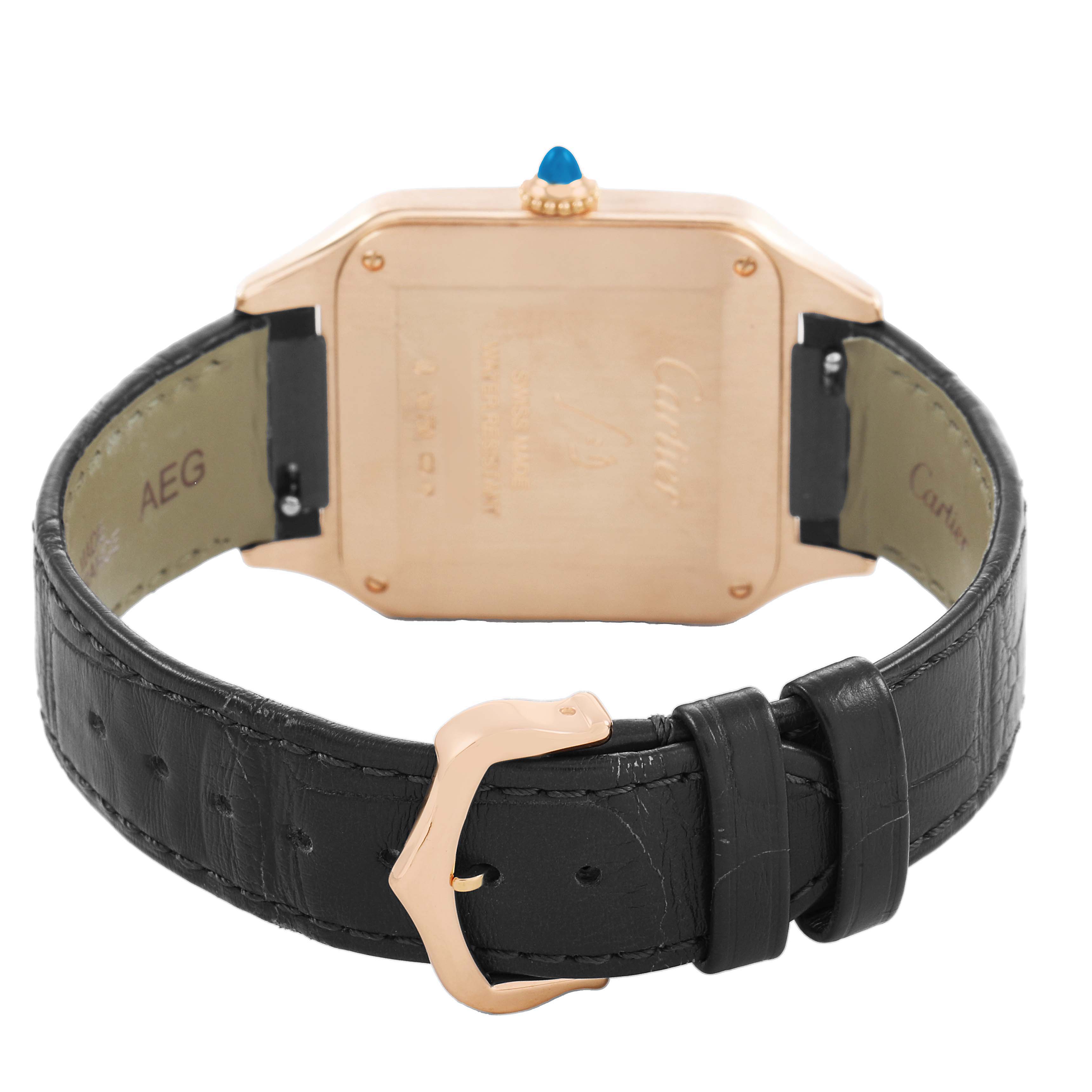 The image shows the back and side of the Santos Dumont model by Cartier, highlighting the case back, crown, and leather strap with buckle.