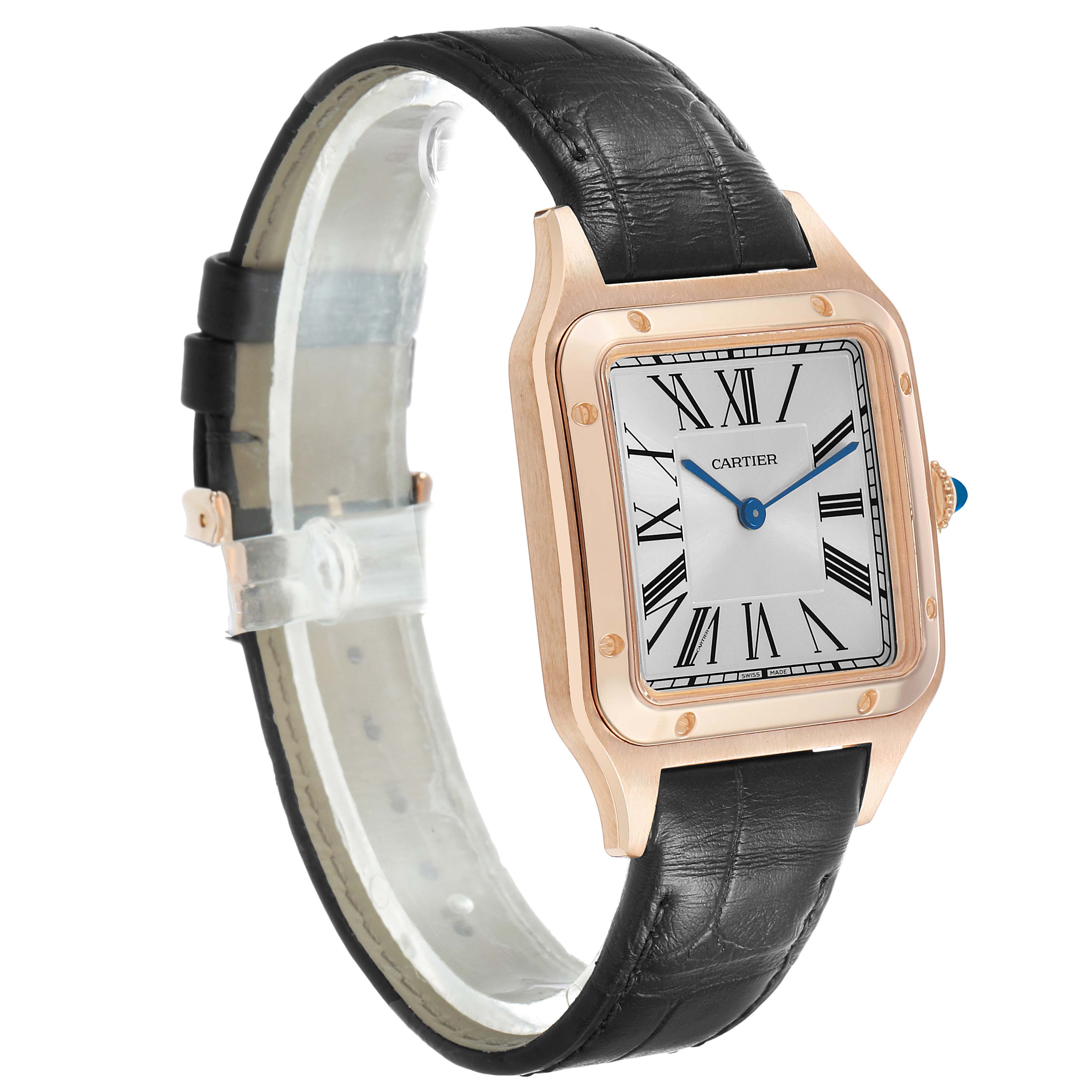 The Cartier Santos Dumont WGSA0021 Men's Rose Gold Silver Dial watch is shown at a slight angle, displaying its face, leather strap, and crown with a blue cabochon.