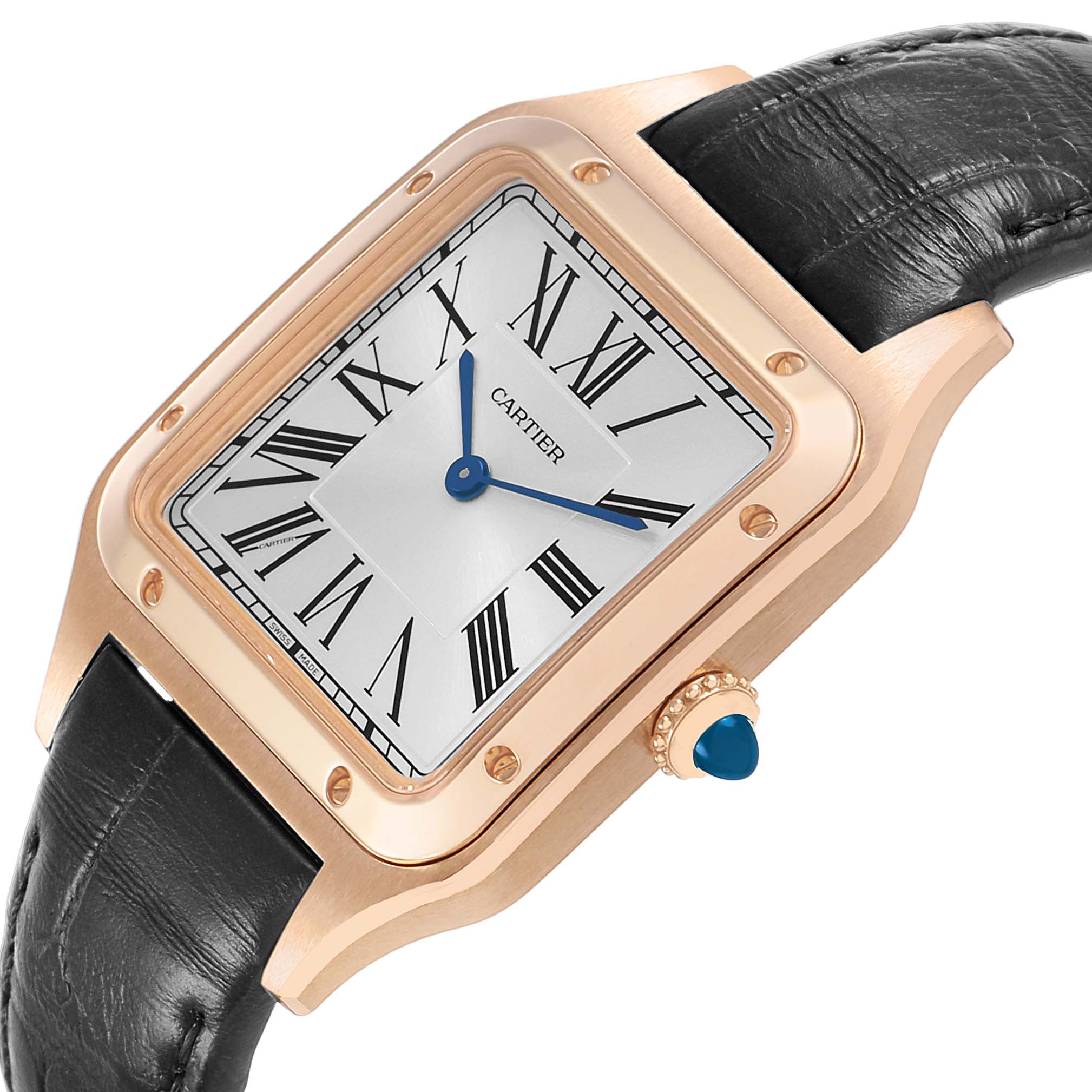 The Cartier Santos Dumont WGSA0021 Men's Rose Gold Silver Dial watch is shown at an angle highlighting the face, bezel, crown, and part of the strap.