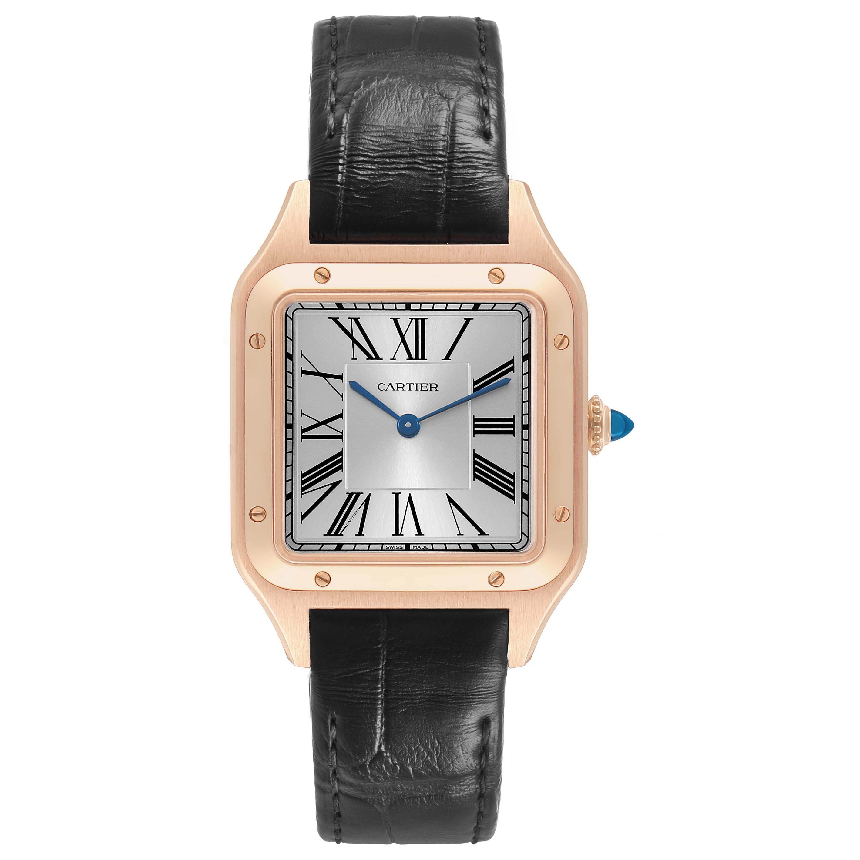 The Cartier Santos Dumont WGSA0021 Men's Rose Gold Silver Dial watch is shown from a front angle, highlighting its square face, Roman numerals, and black leather strap.