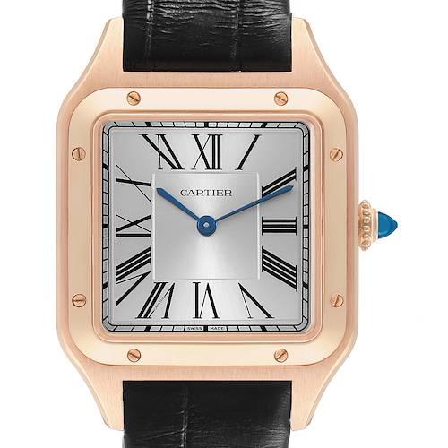The Cartier Santos Dumont WGSA0021 Men's Rose Gold Silver Dial watch is shown from the front, highlighting its square face, Roman numerals, and black leather strap.