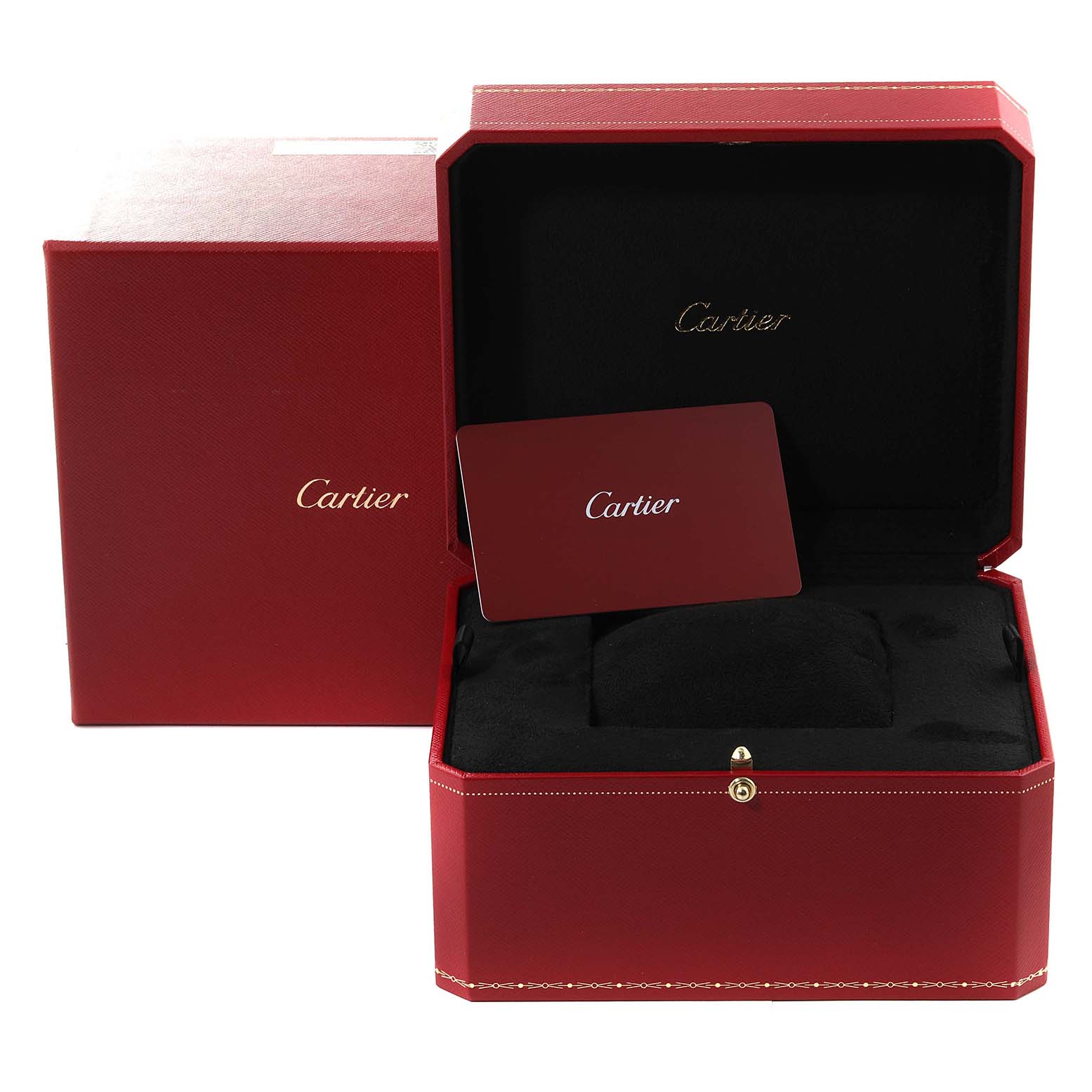 The image shows an open Cartier Santos W2SA0007 Men's Steel and Gold (two tone) Silver Dial W2SA0007 Men's Steel and Gold (two tone) Silver Dial watch box and a red card, revealing the black cushioned interior.