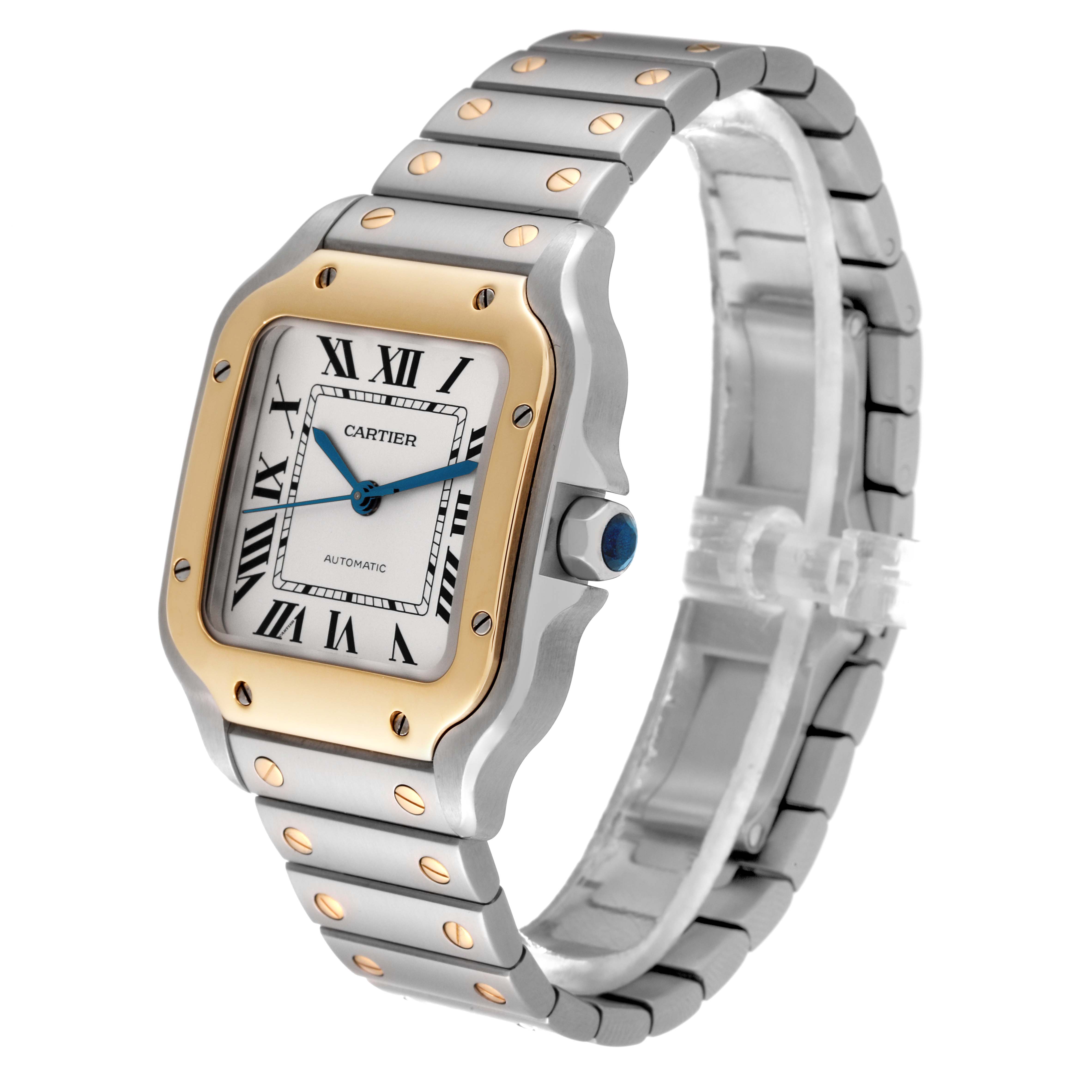The image shows a Cartier Santos W2SA0007 Men's Steel and Gold (two tone) Silver Dial W2SA0007 Men's Steel and Gold (two tone) Silver Dial watch from an angled top view, displaying its face, bezel, bracelet, and crown.