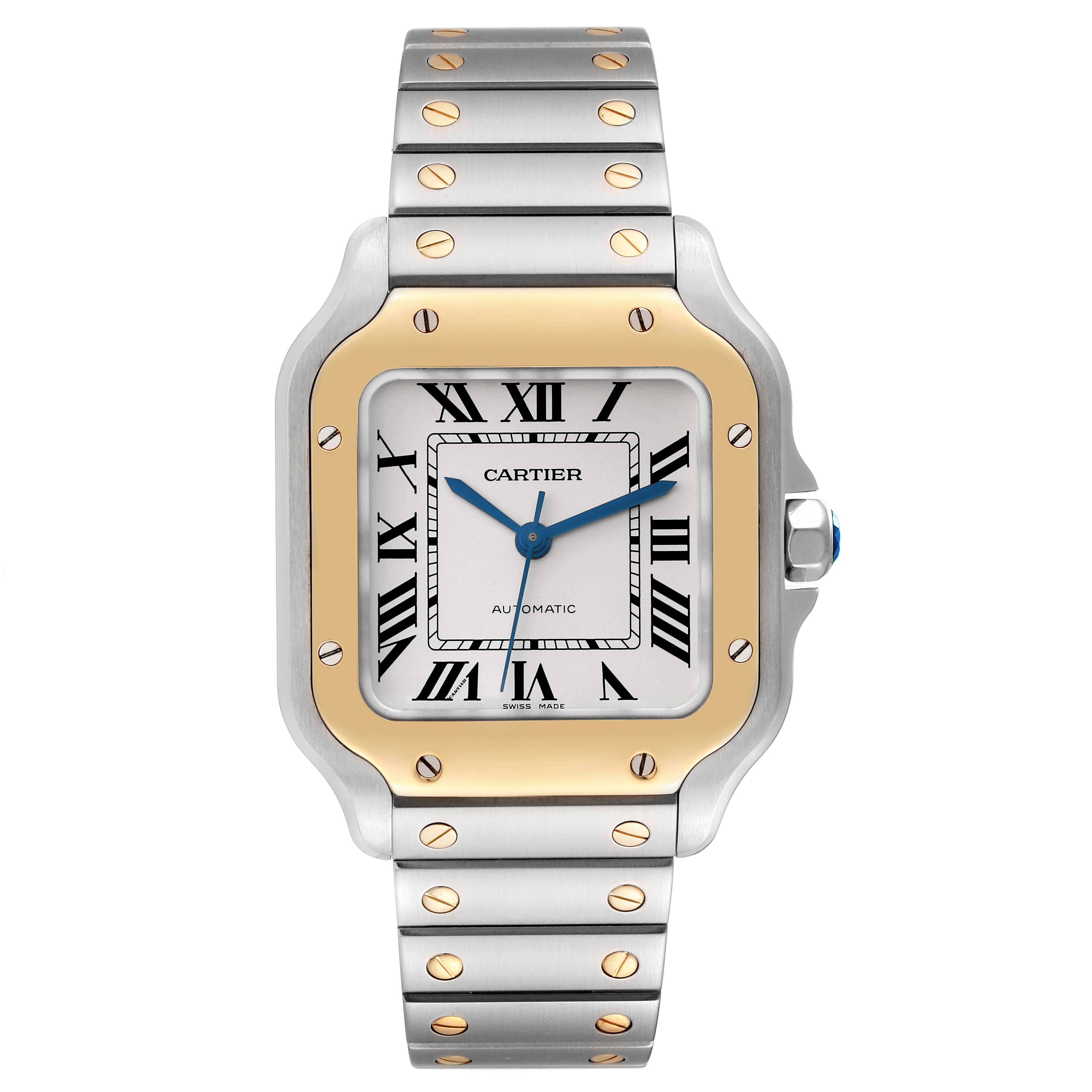 The image shows a Cartier Santos W2SA0007 Men's Steel and Gold (two tone) Silver Dial W2SA0007 Men's Steel and Gold (two tone) Silver Dial watch from a front angle, displaying the dial, bezel, bracelet, and crown.