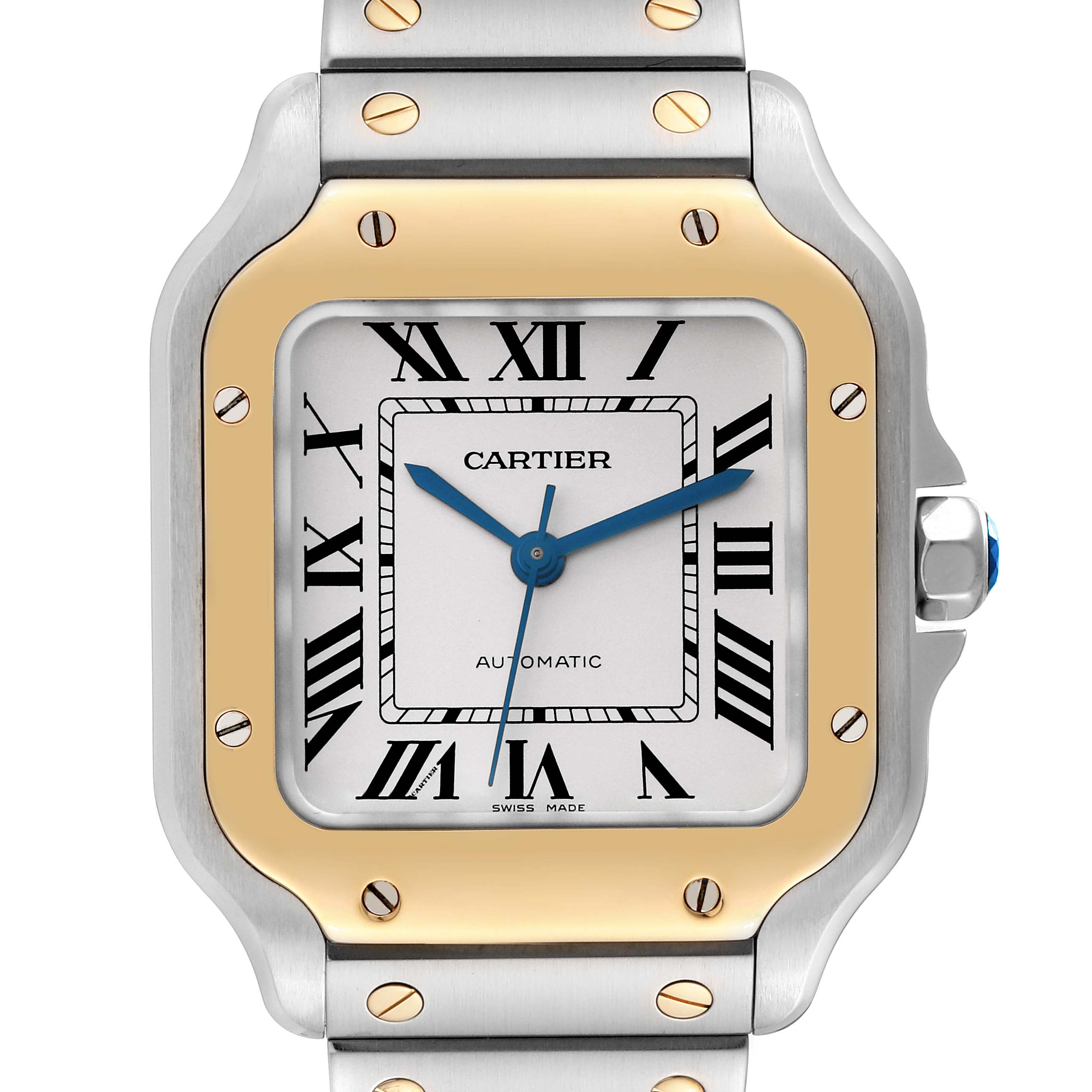 The image shows a close-up frontal view of the Cartier Santos W2SA0007 Men's Steel and Gold (two tone) Silver Dial W2SA0007 Men's Steel and Gold (two tone) Silver Dial watch face and part of its bracelet.