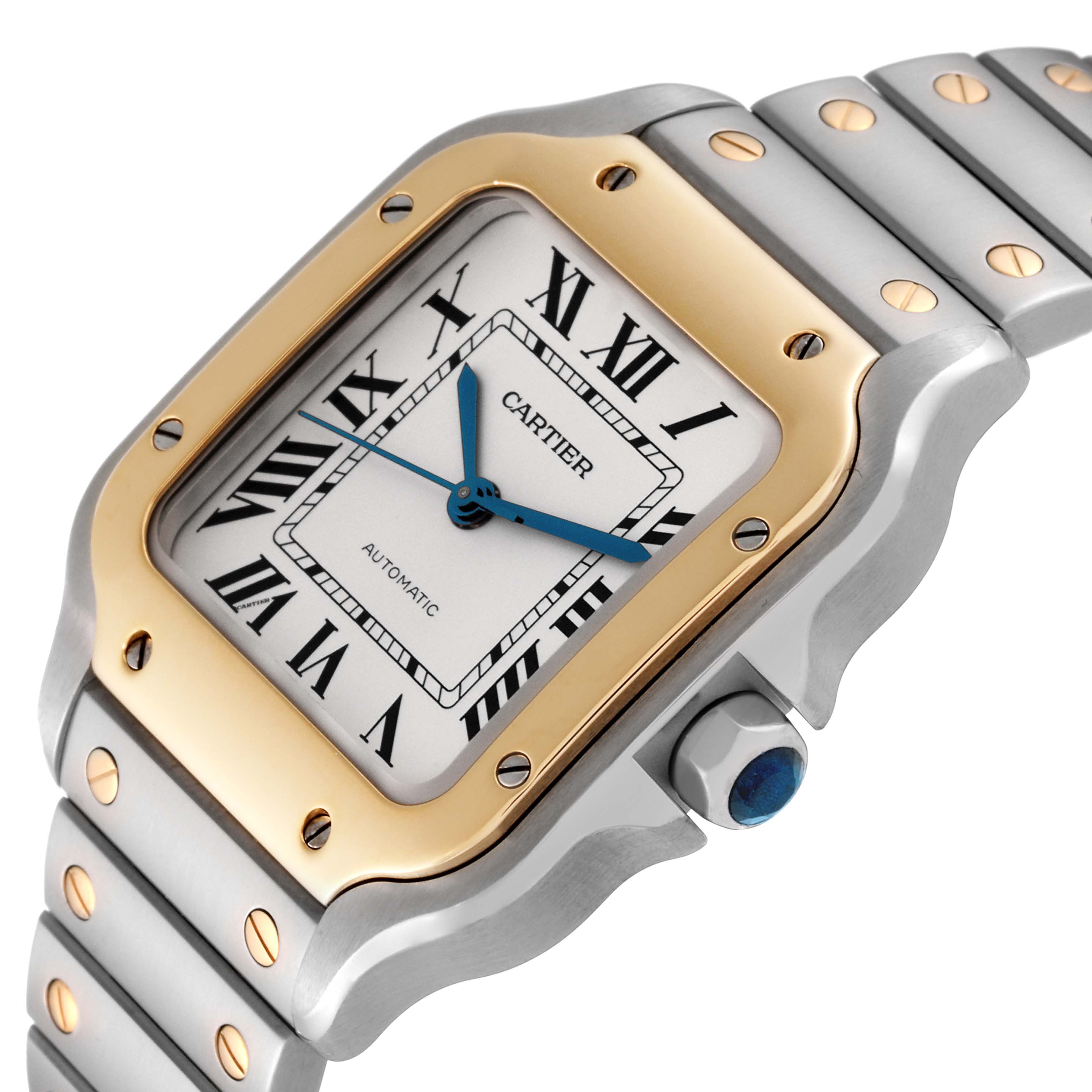 The image shows a close-up of the Cartier Santos W2SA0007 Men's Steel and Gold (two tone) Silver Dial W2SA0007 Men's Steel and Gold (two tone) Silver Dial watch, featuring the bezel, dial, crown, and part of the bracelet.