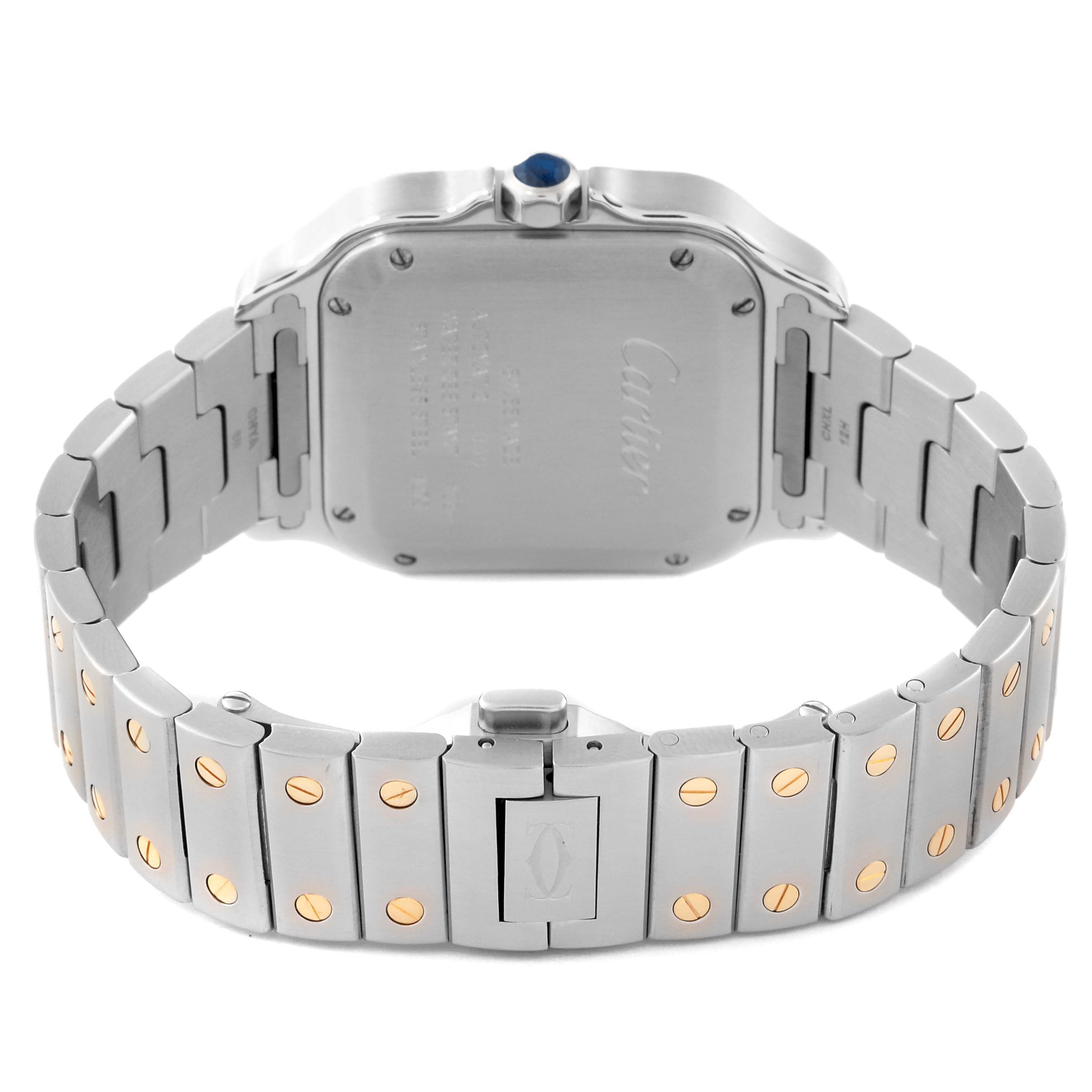 This image shows the back and bracelet of the Cartier Santos W2SA0007 Men's Steel and Gold (two tone) Silver Dial W2SA0007 Men's Steel and Gold (two tone) Silver Dial watch, highlighting its clasp and screw details.