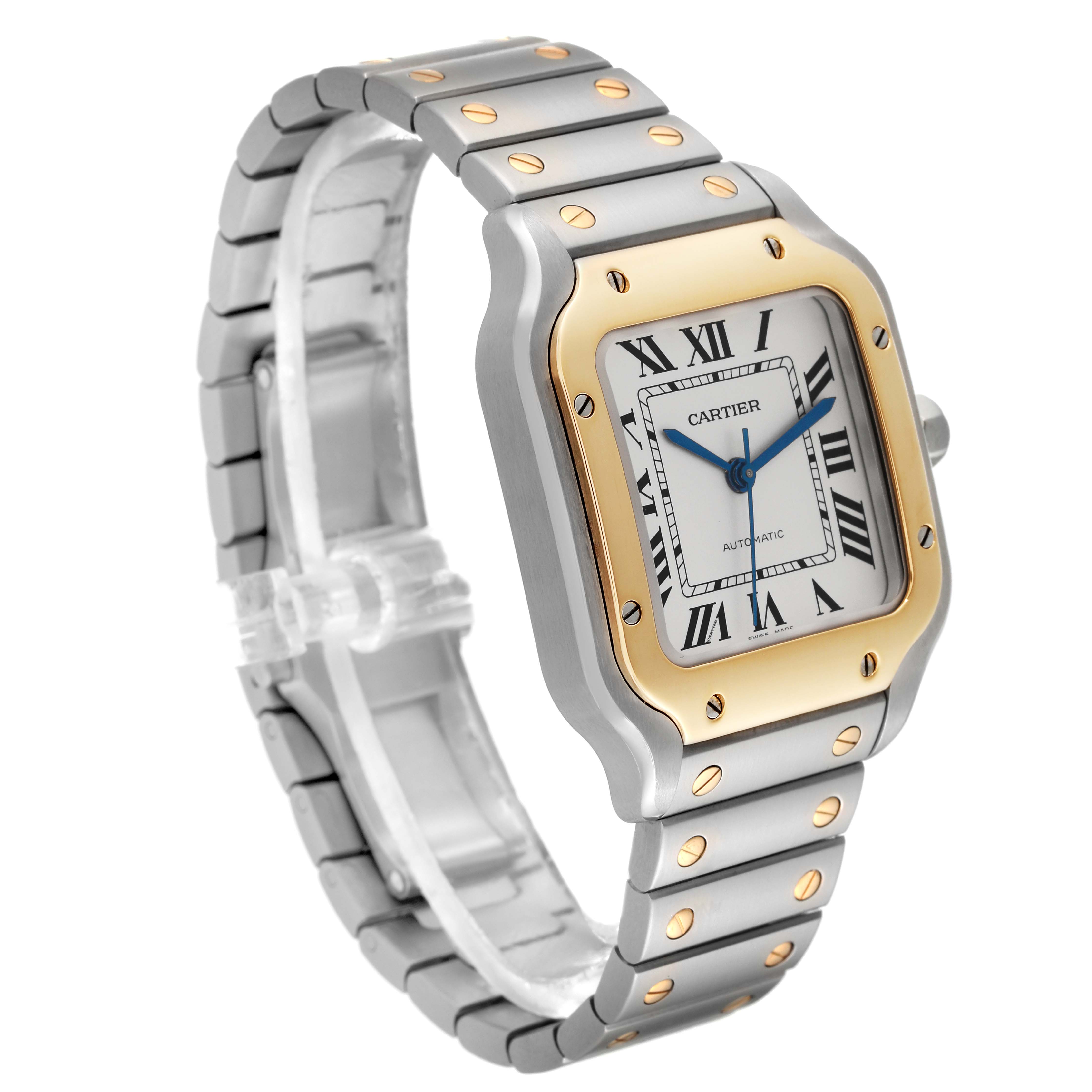 The image shows a Cartier Santos W2SA0007 Men's Steel and Gold (two tone) Silver Dial W2SA0007 Men's Steel and Gold (two tone) Silver Dial watch at a side angle, highlighting the bracelet, bezel, and watch face.